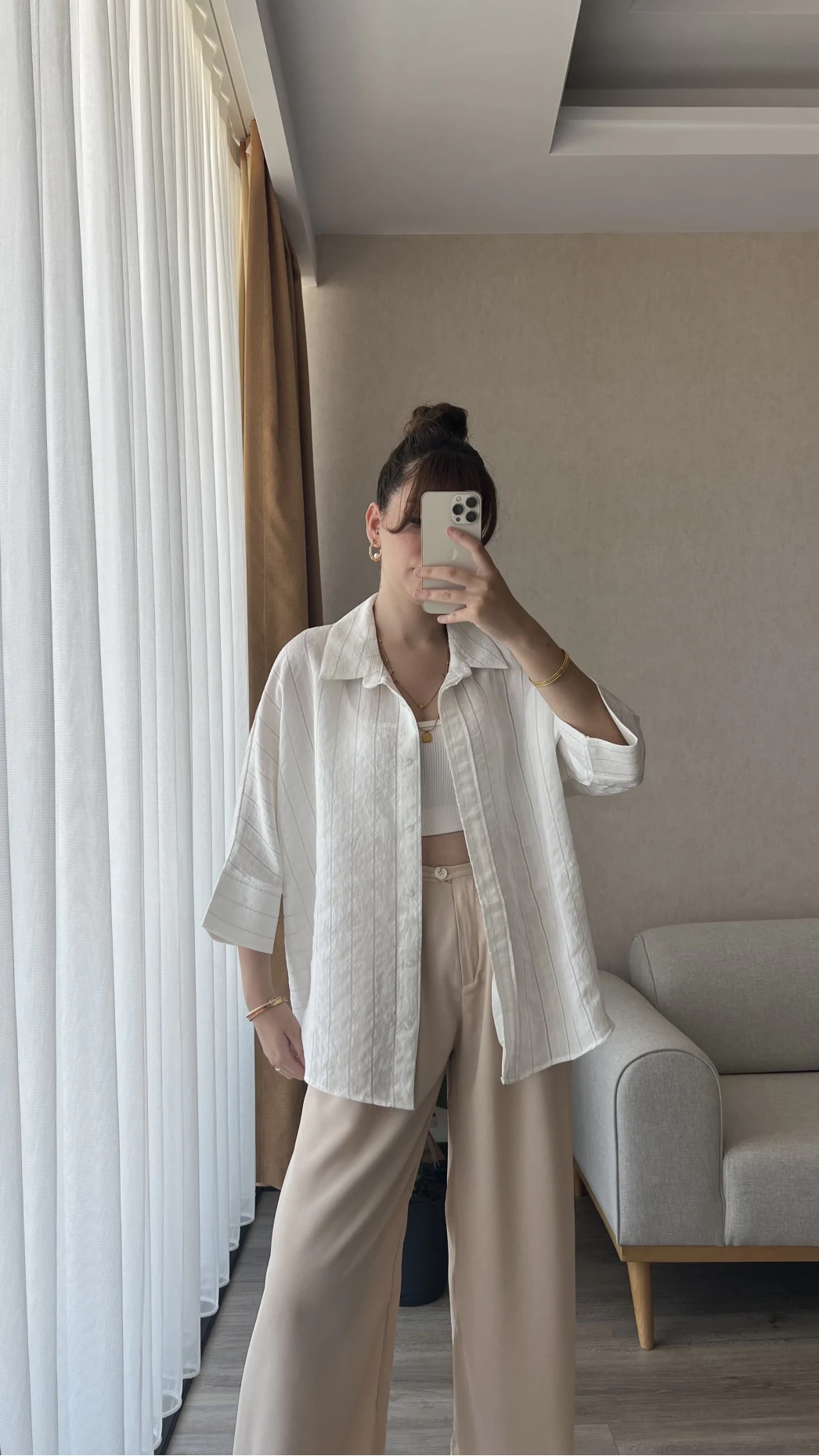 Yarım Kol Çizgili Oversize Gömlek