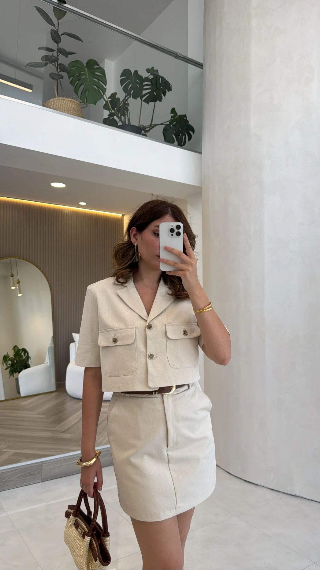 Yarım Kol Kemerli Ceket-Etek Takım - Bej - Kod: 581134