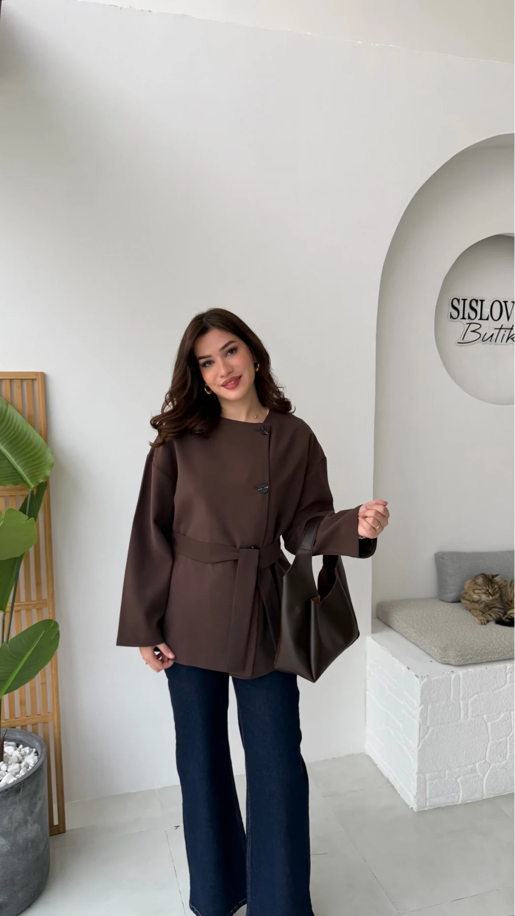 Yazzy Kemerli Kısa Trenç - Acı Kahve - Kod: 7672