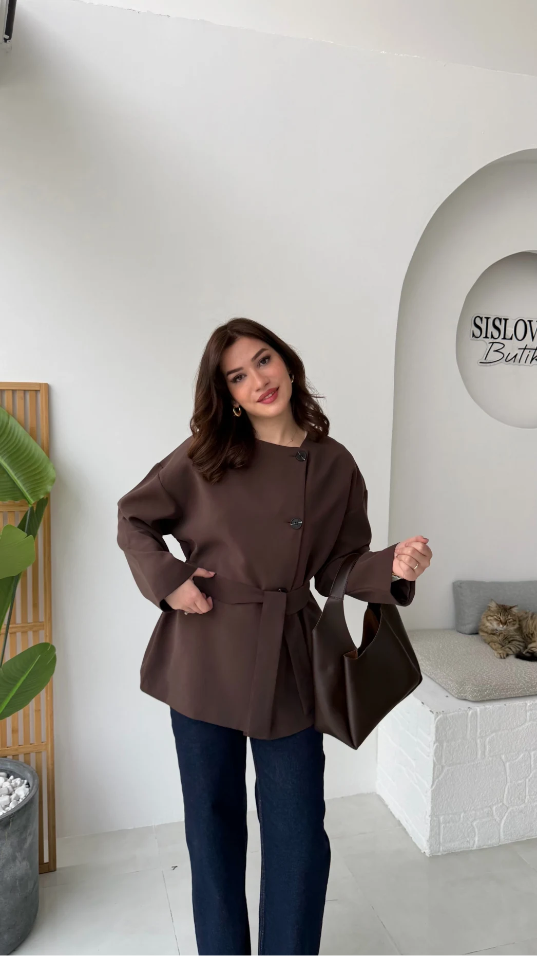 Yazzy Kemerli Kısa Trenç - Acı Kahve - Kod: 7672