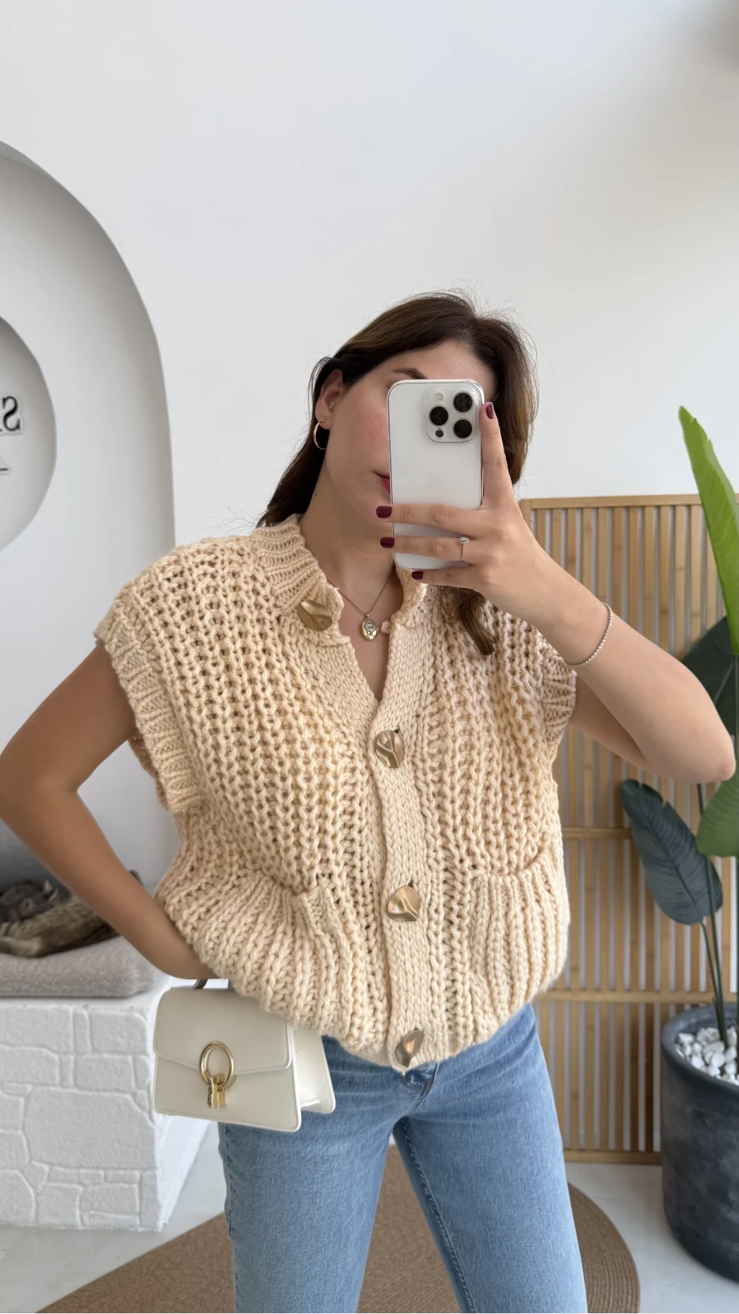 Yelek Büyük Düğmeli Örgü - Krem