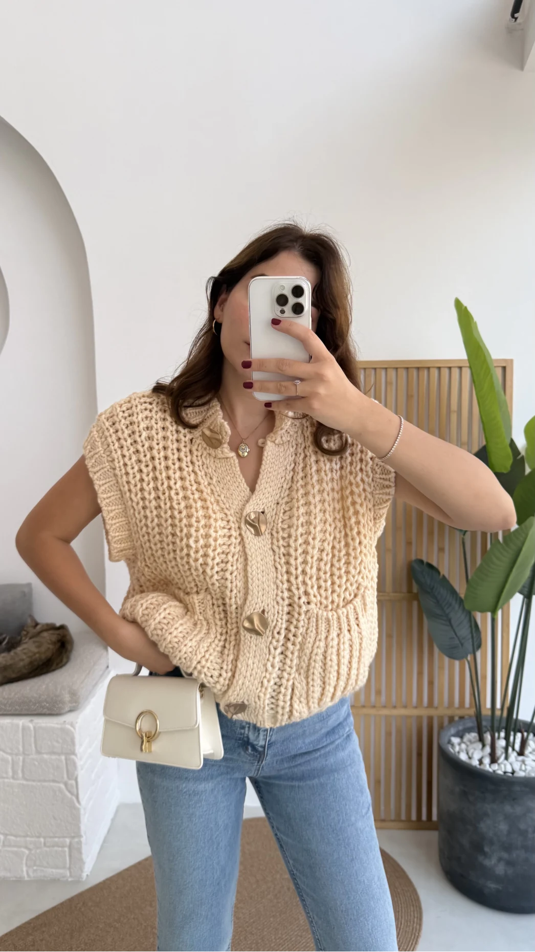 Yelek Büyük Düğmeli Örgü - Krem