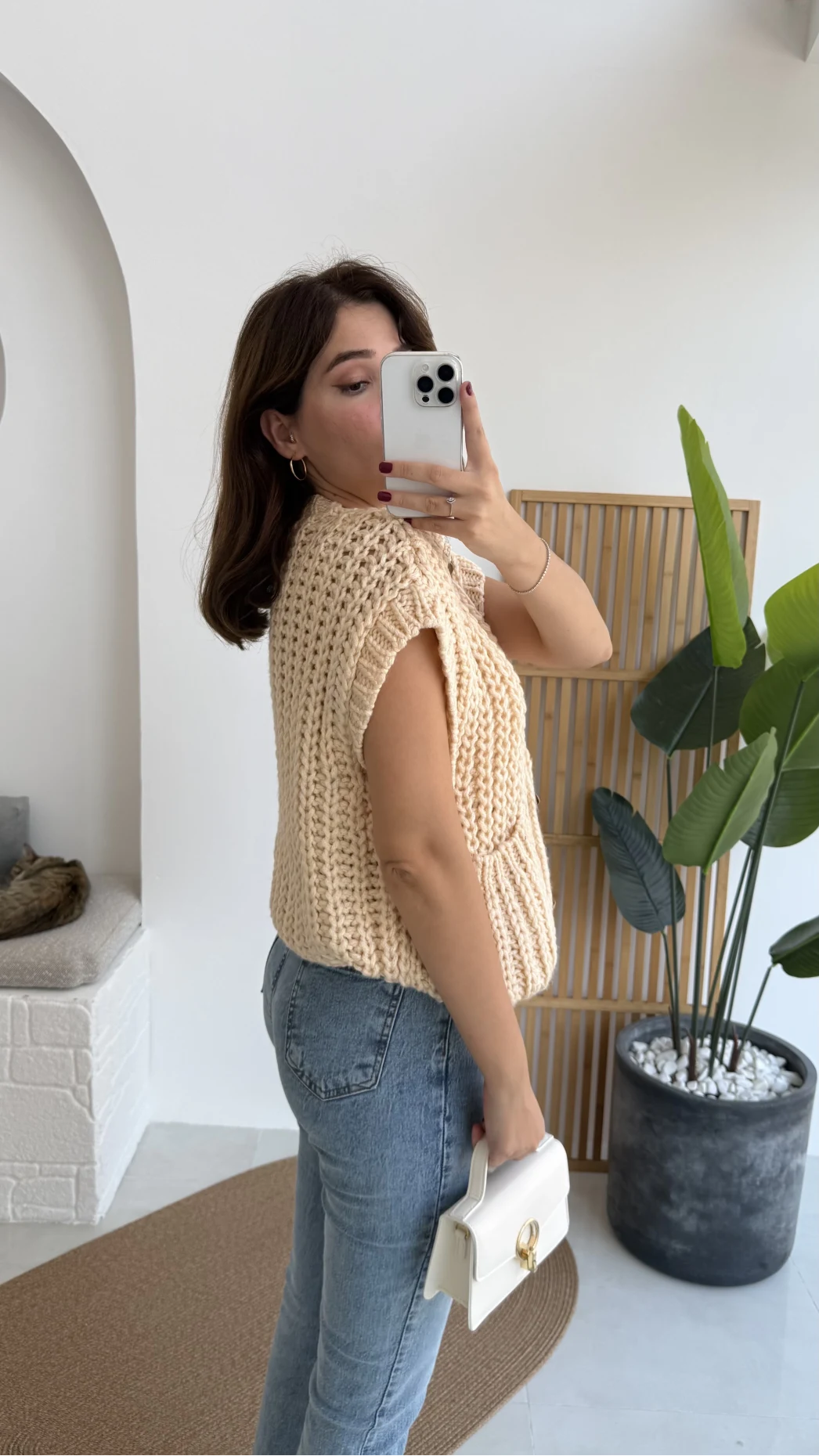 Yelek Büyük Düğmeli Örgü - Krem