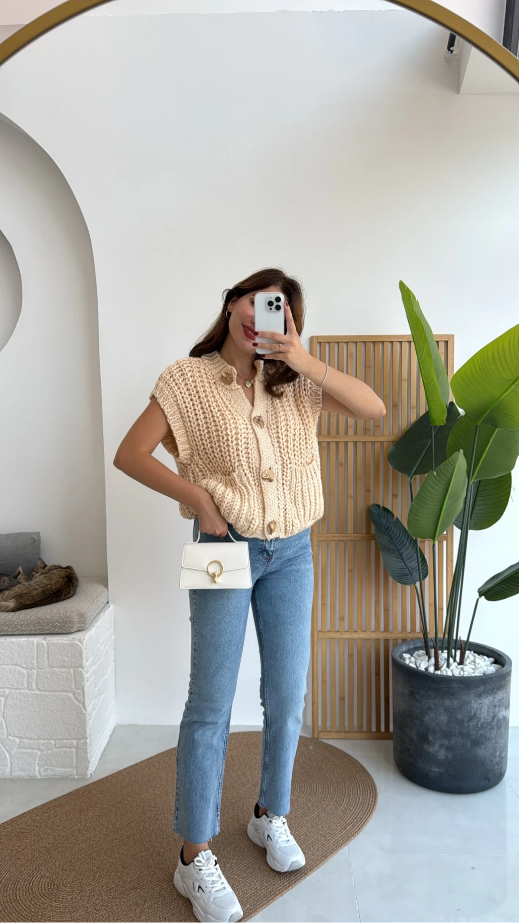 Yelek Büyük Düğmeli Örgü - Krem