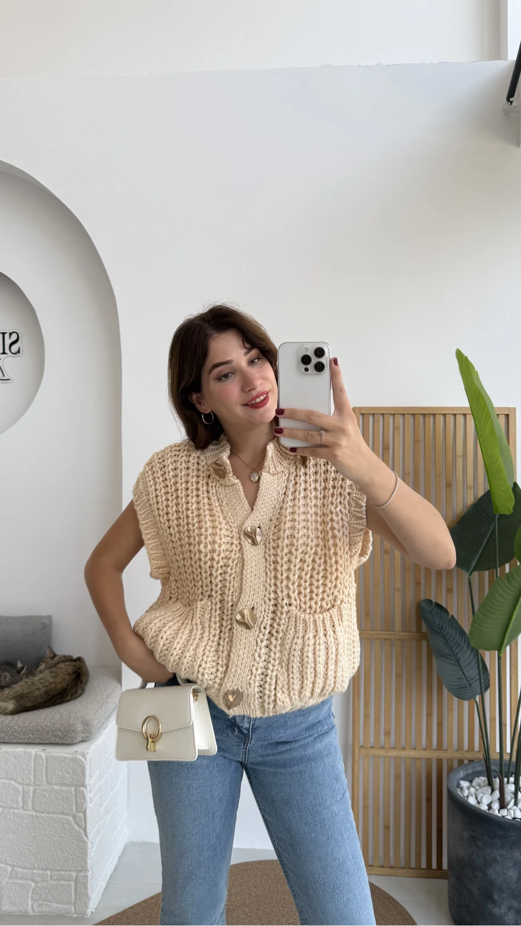 Yelek Büyük Düğmeli Örgü - Krem