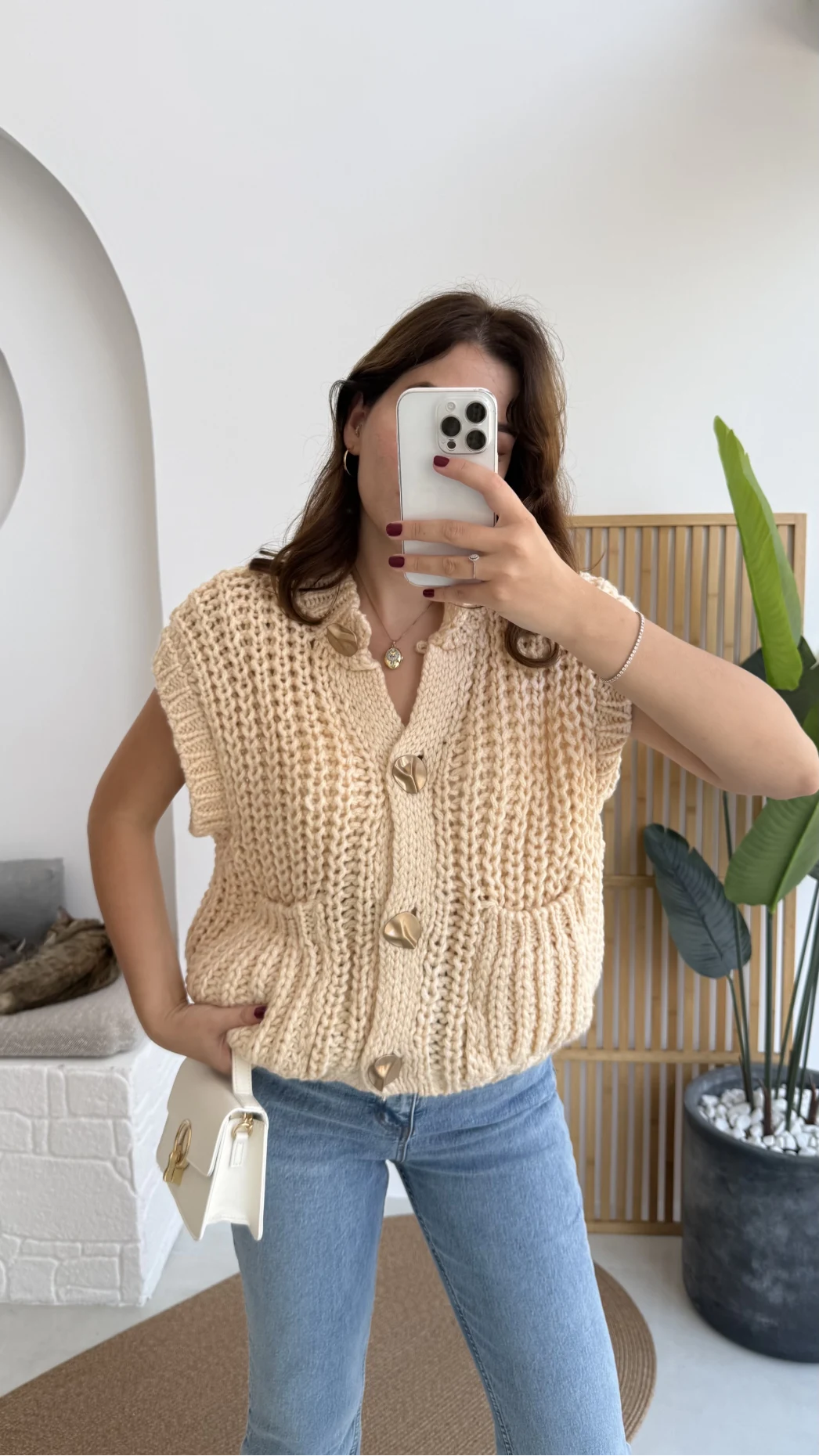 Yelek Büyük Düğmeli Örgü - Krem