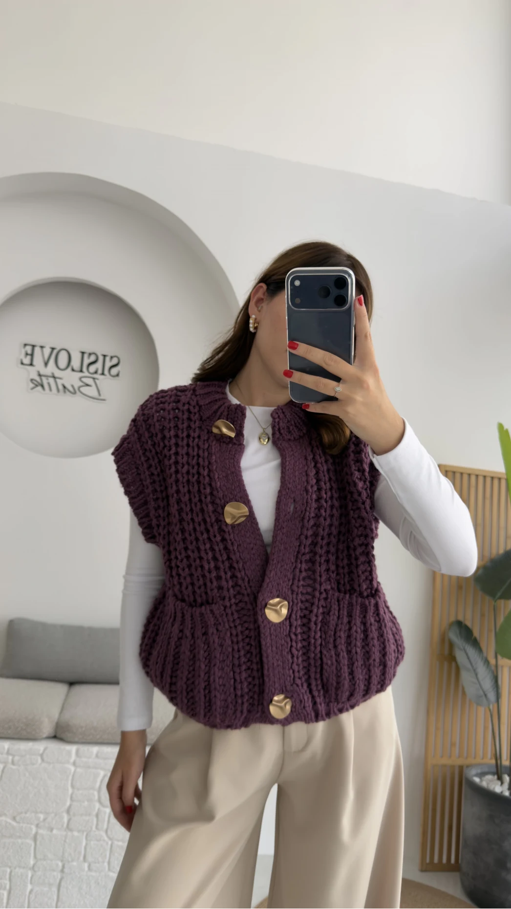 Yelek Büyük Düğmeli Örgü - Mor
