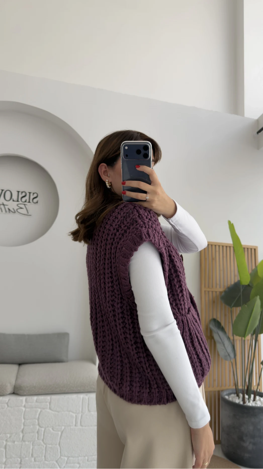 Yelek Büyük Düğmeli Örgü - Mor