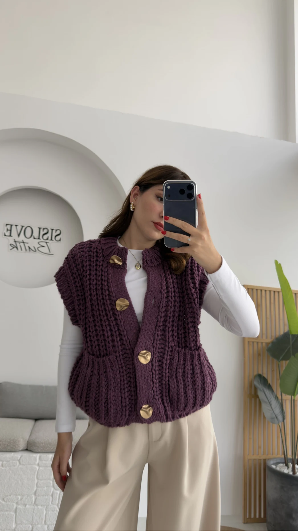 Yelek Büyük Düğmeli Örgü - Mor