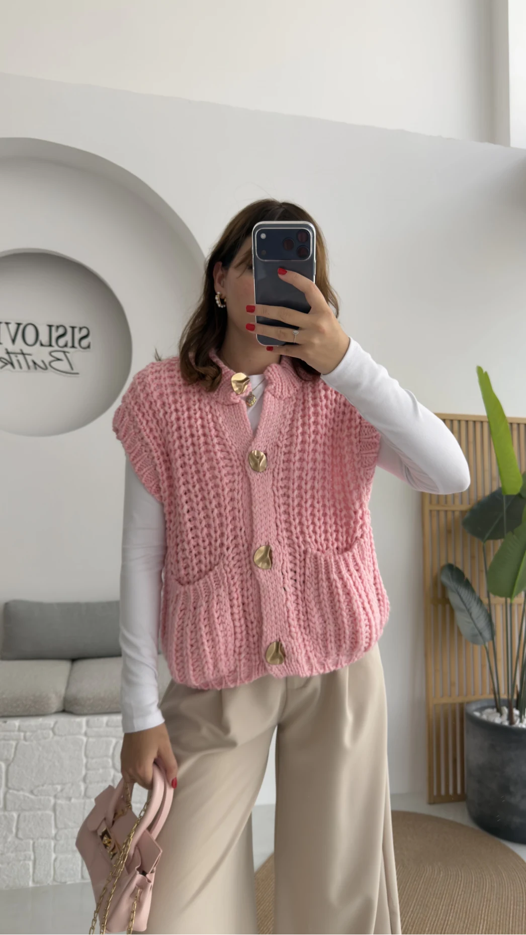 Yelek Büyük Düğmeli Örgü - Pembe