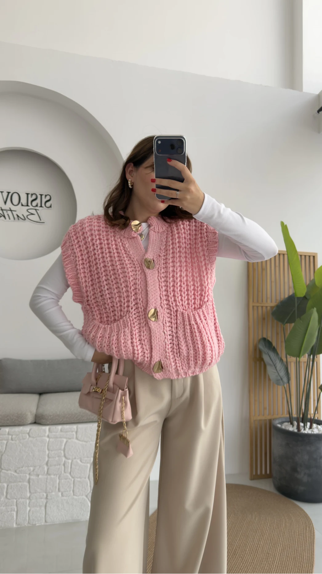 Yelek Büyük Düğmeli Örgü - Pembe