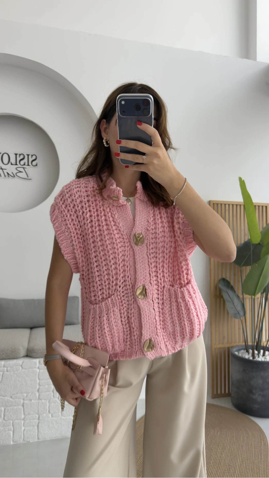 Yelek Büyük Düğmeli Örgü - Pembe