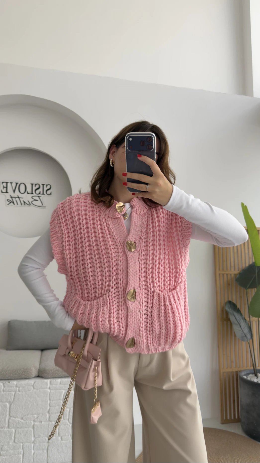 Yelek Büyük Düğmeli Örgü - Pembe