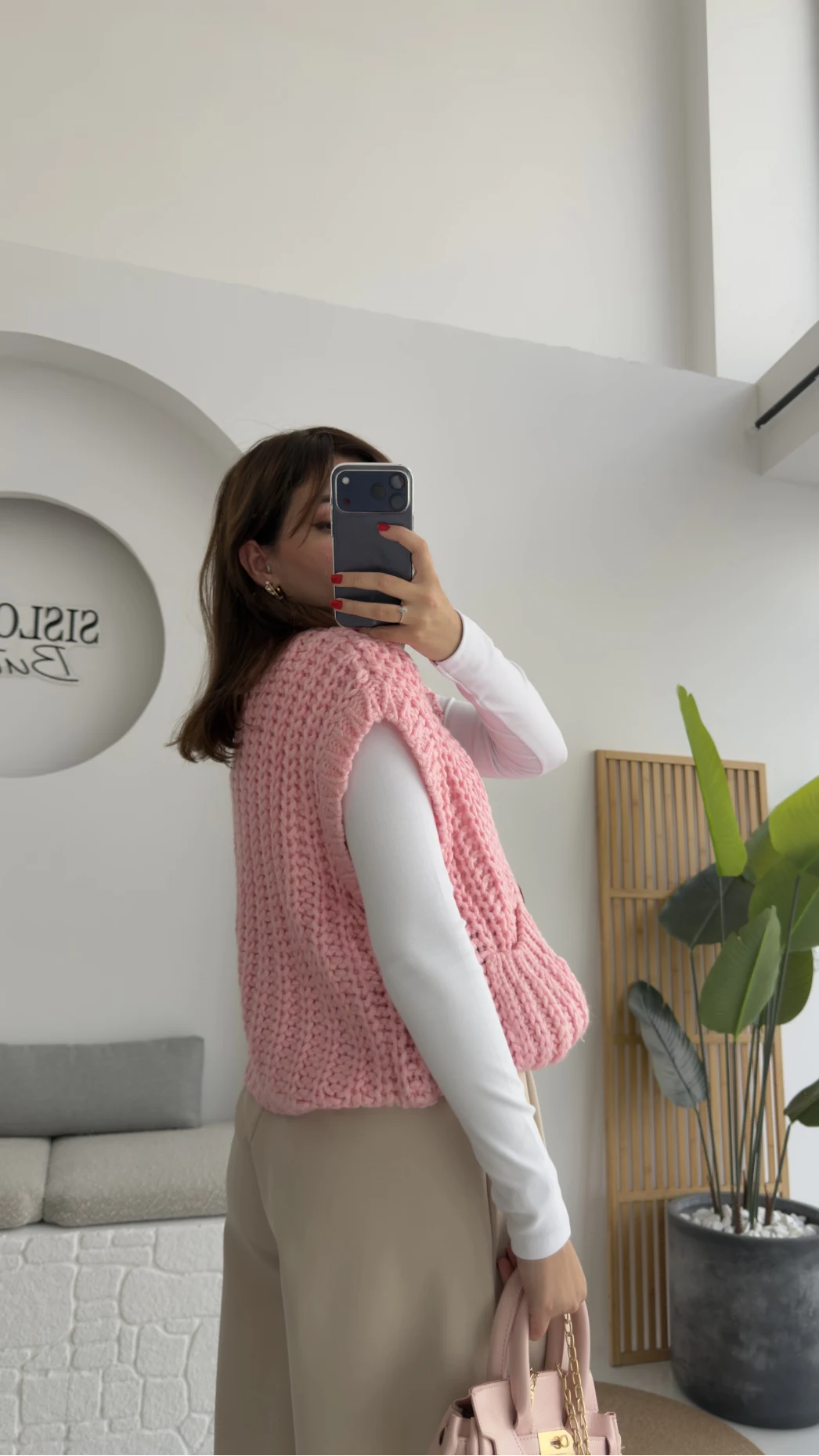 Yelek Büyük Düğmeli Örgü - Pembe