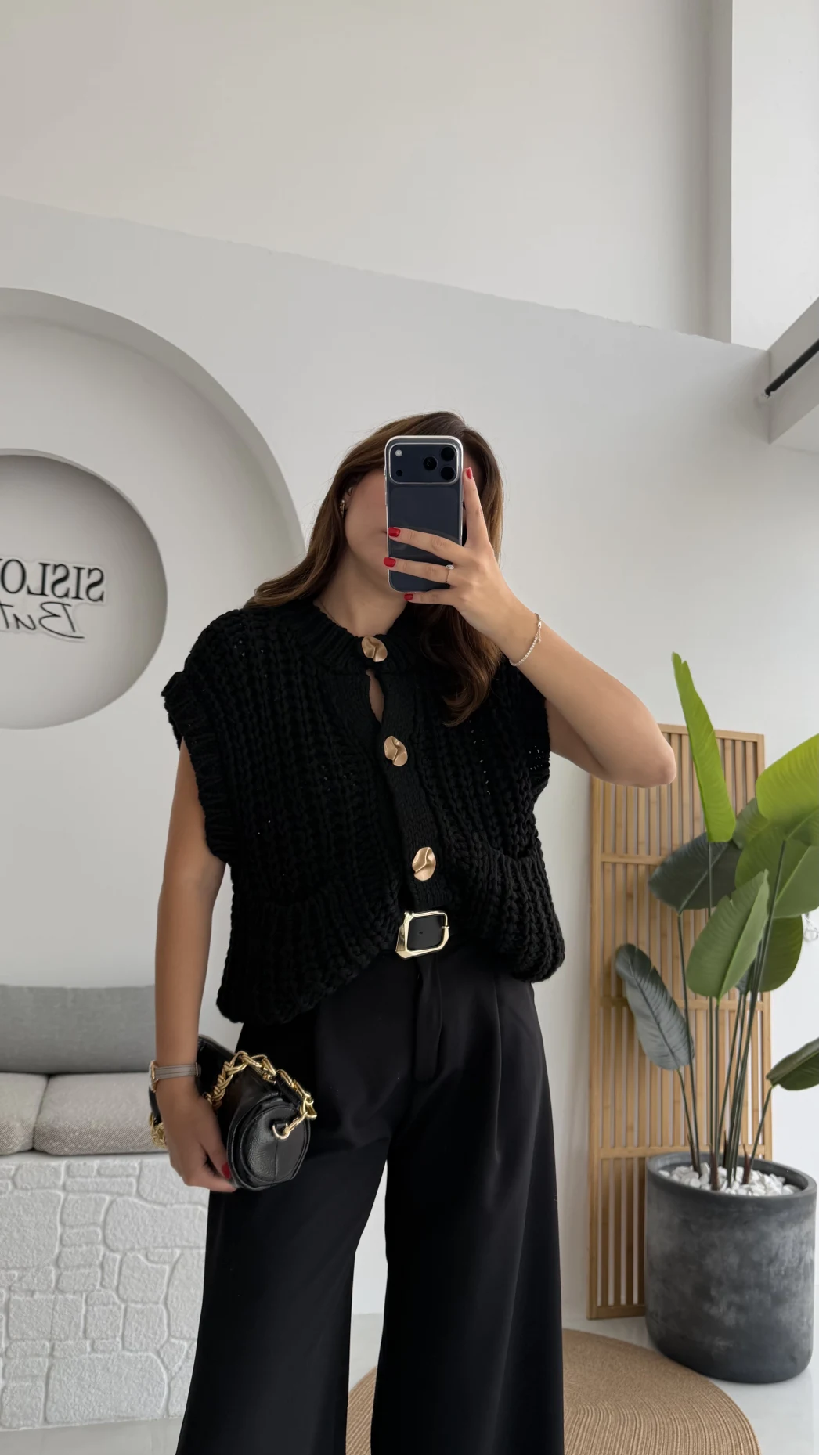 Yelek Büyük Düğmeli Örgü - Siyah