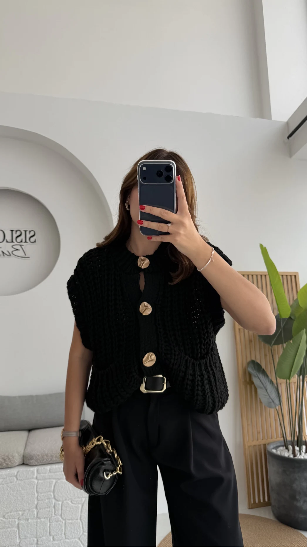 Yelek Büyük Düğmeli Örgü - Siyah