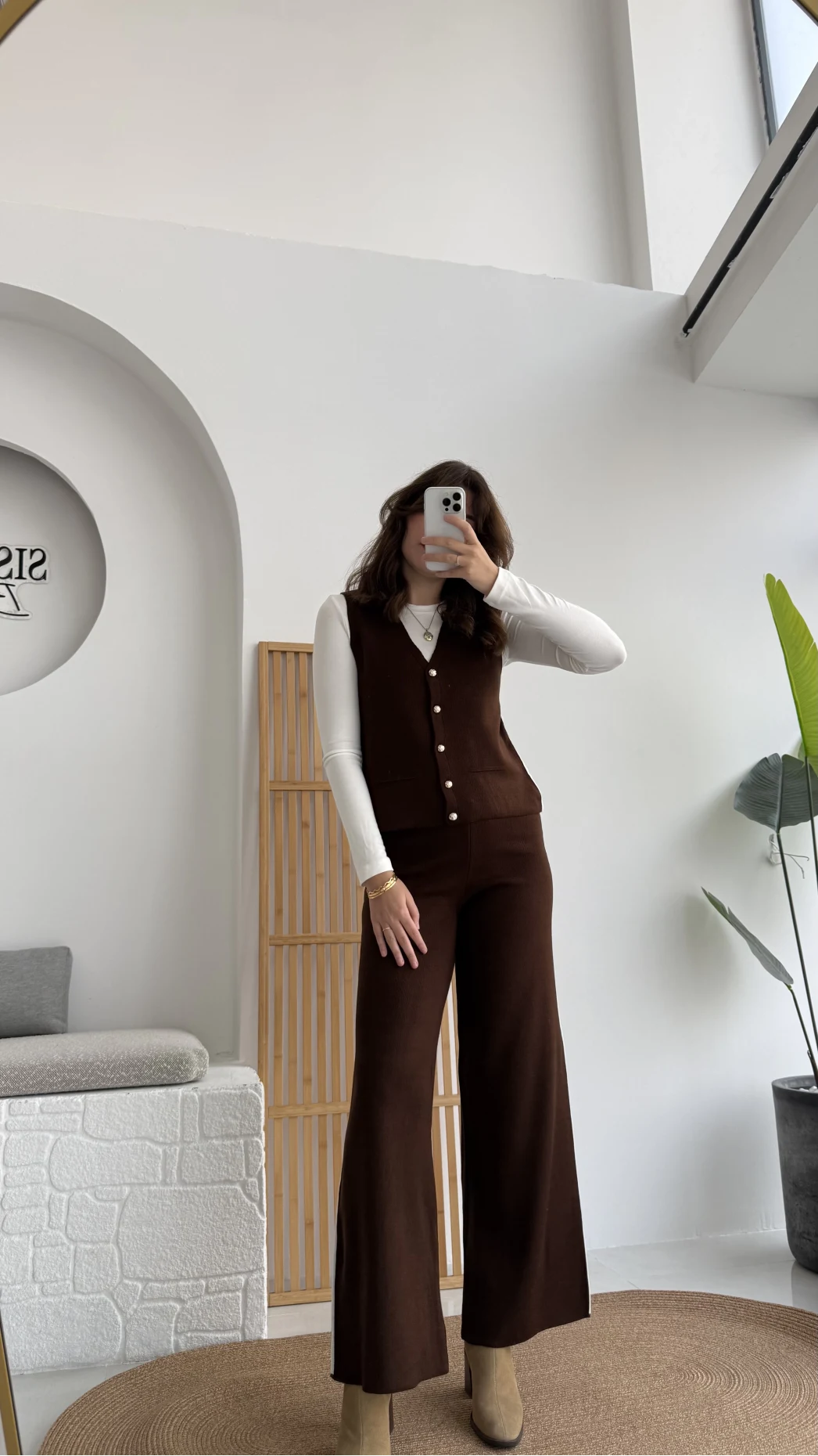 Yelekli Şeritli Triko Pantolon Takım Acı Kahve