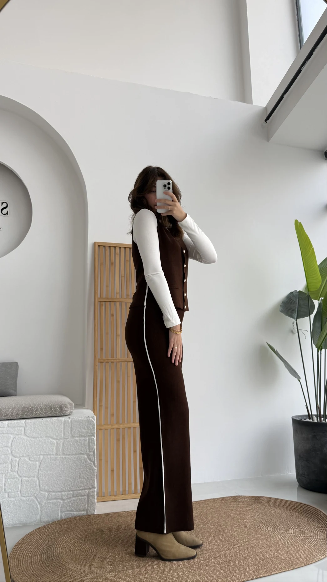 Yelekli Şeritli Triko Pantolon Takım Acı Kahve