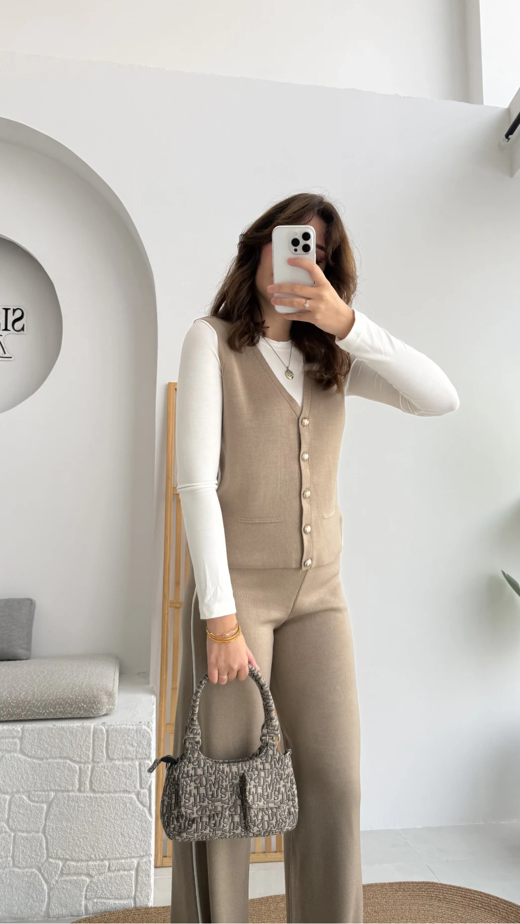 Yelekli Şeritli Triko Pantolon Takım Taş