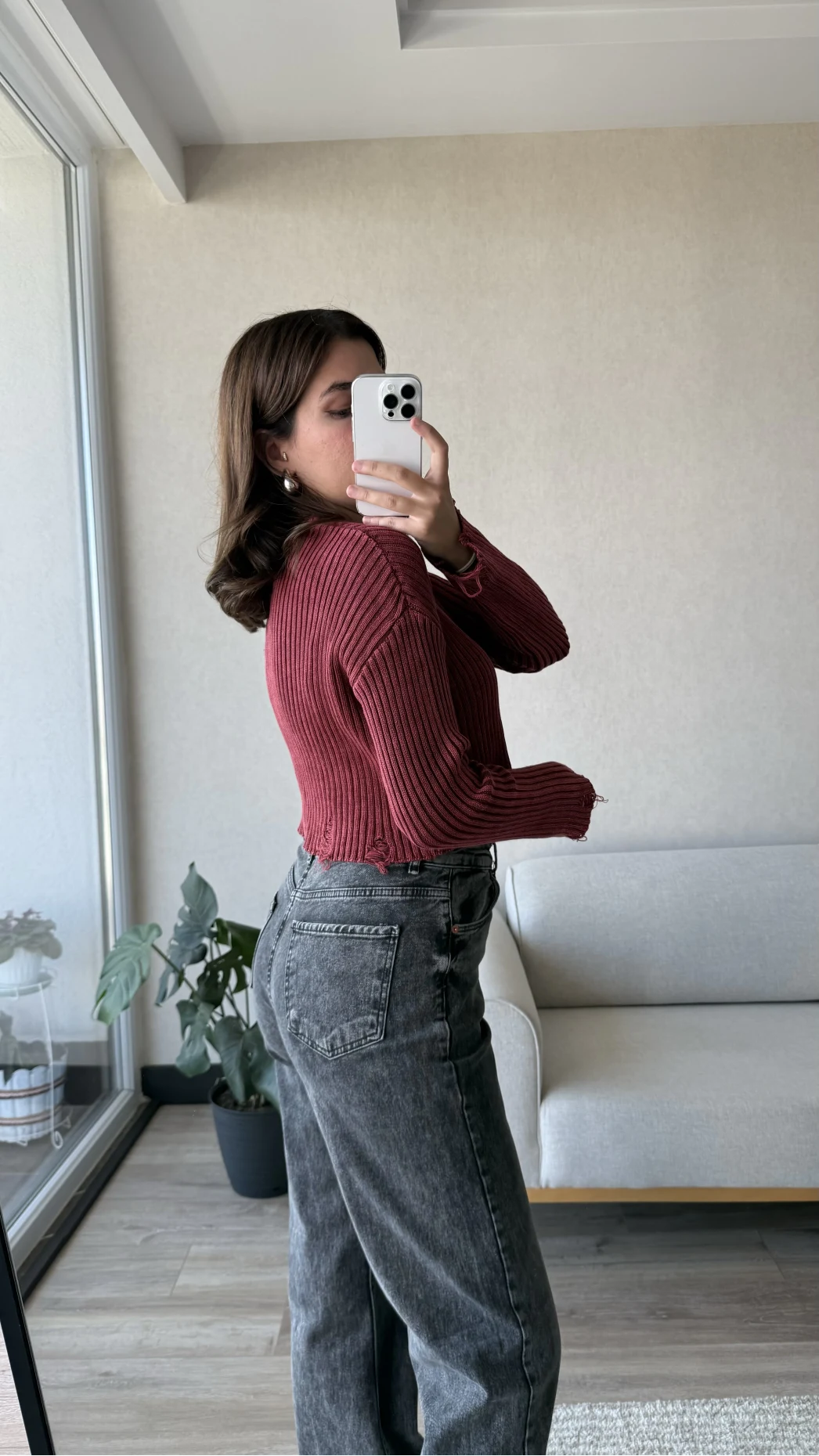 Yıkamalı Yırtık Kazak Bordo