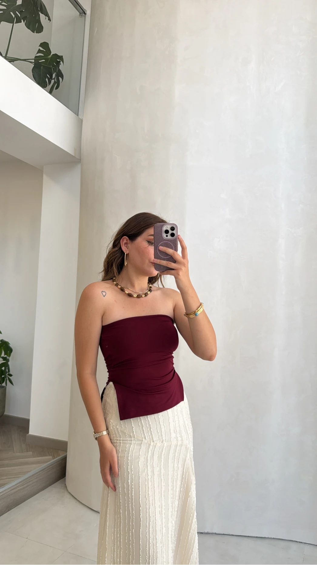Yırtmaç Detay Straplez Göğüs Pedli Body - Bordo