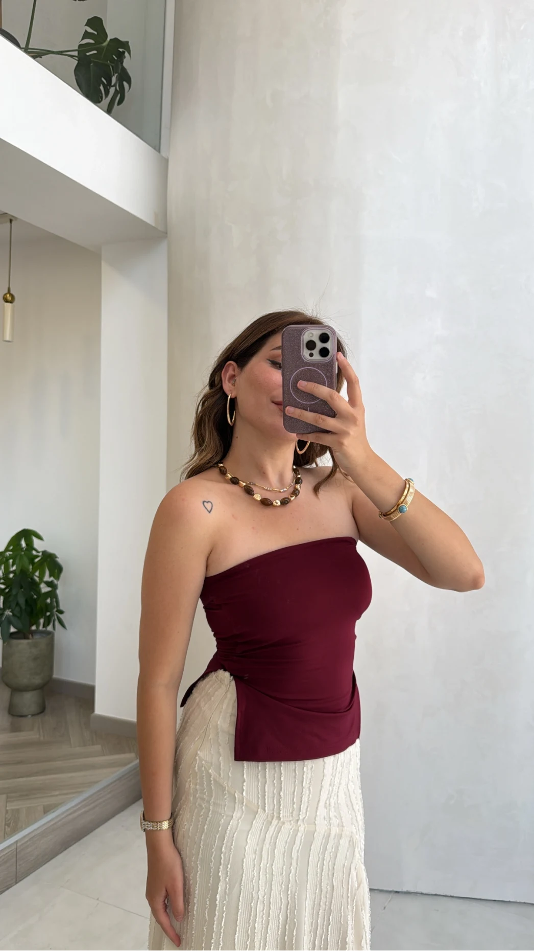 Yırtmaç Detay Straplez Göğüs Pedli Body - Bordo