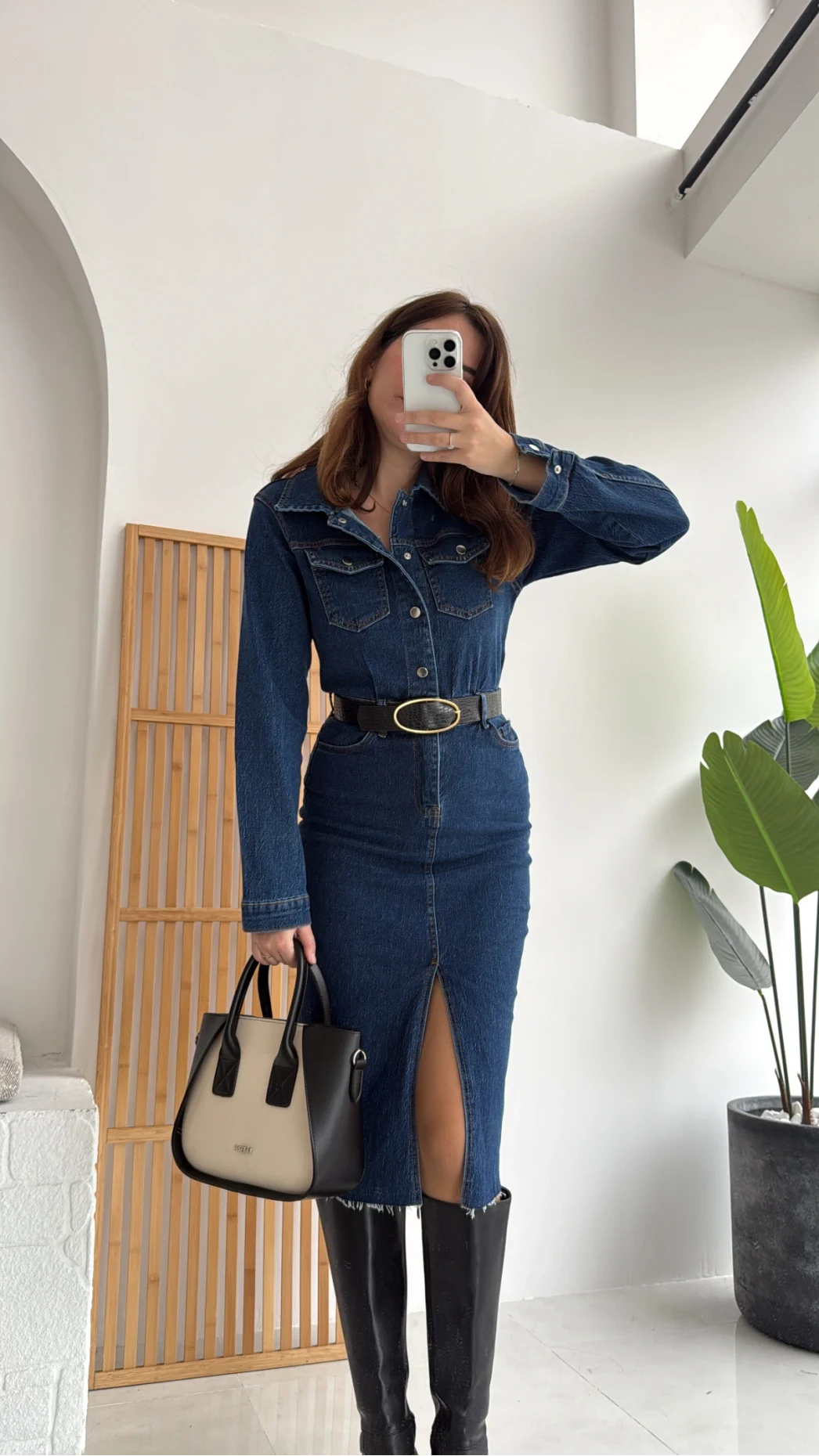 Yırtmaçlı Kısa Denim Elbise - Lacivert