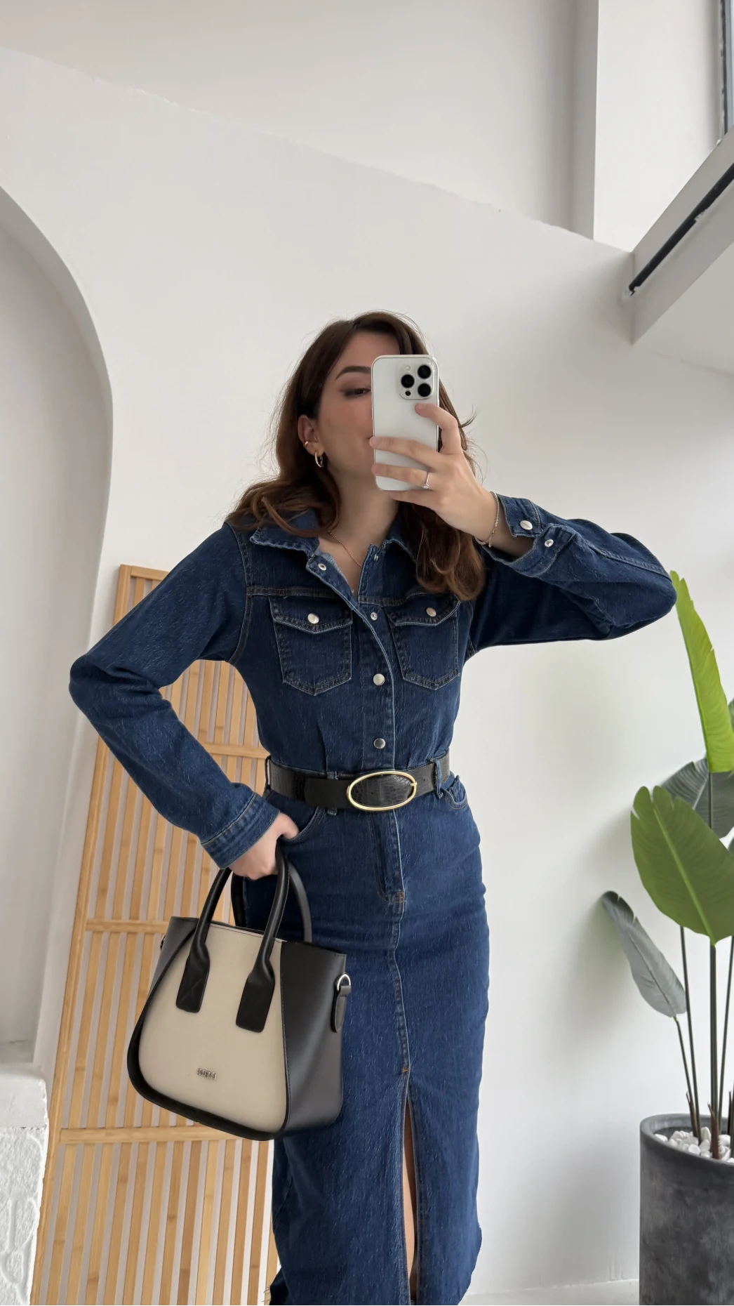 Yırtmaçlı Kısa Denim Elbise - Lacivert