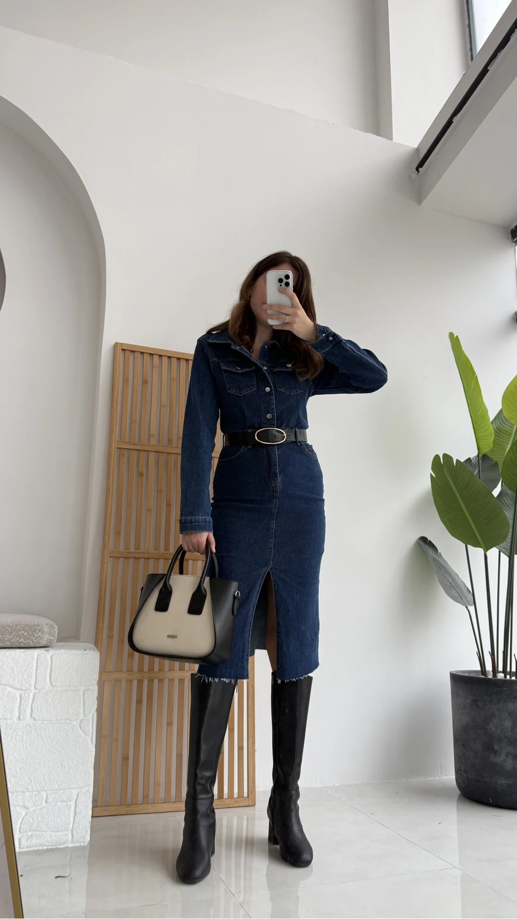 Yırtmaçlı Kısa Denim Elbise - Lacivert