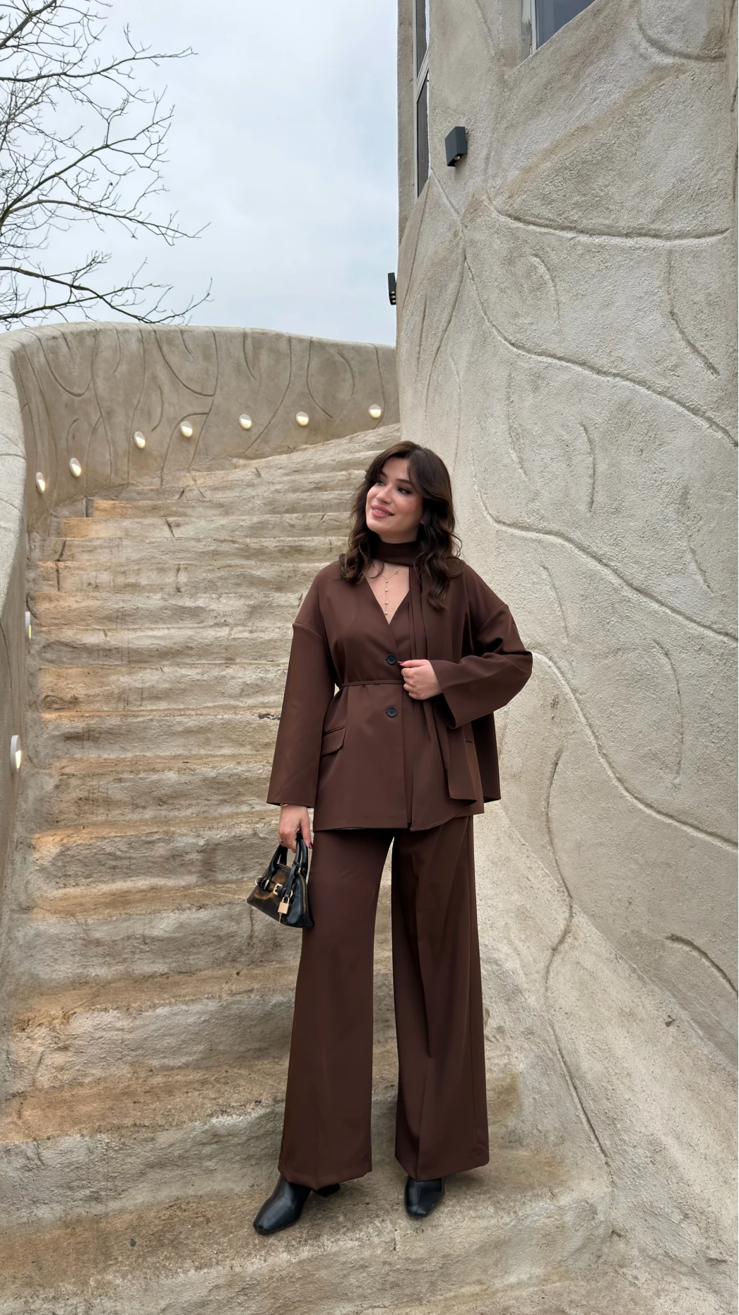 Yuna Fular Detay Bağcıklı Ceket Takım - Acı Kahve - Kod: 6003