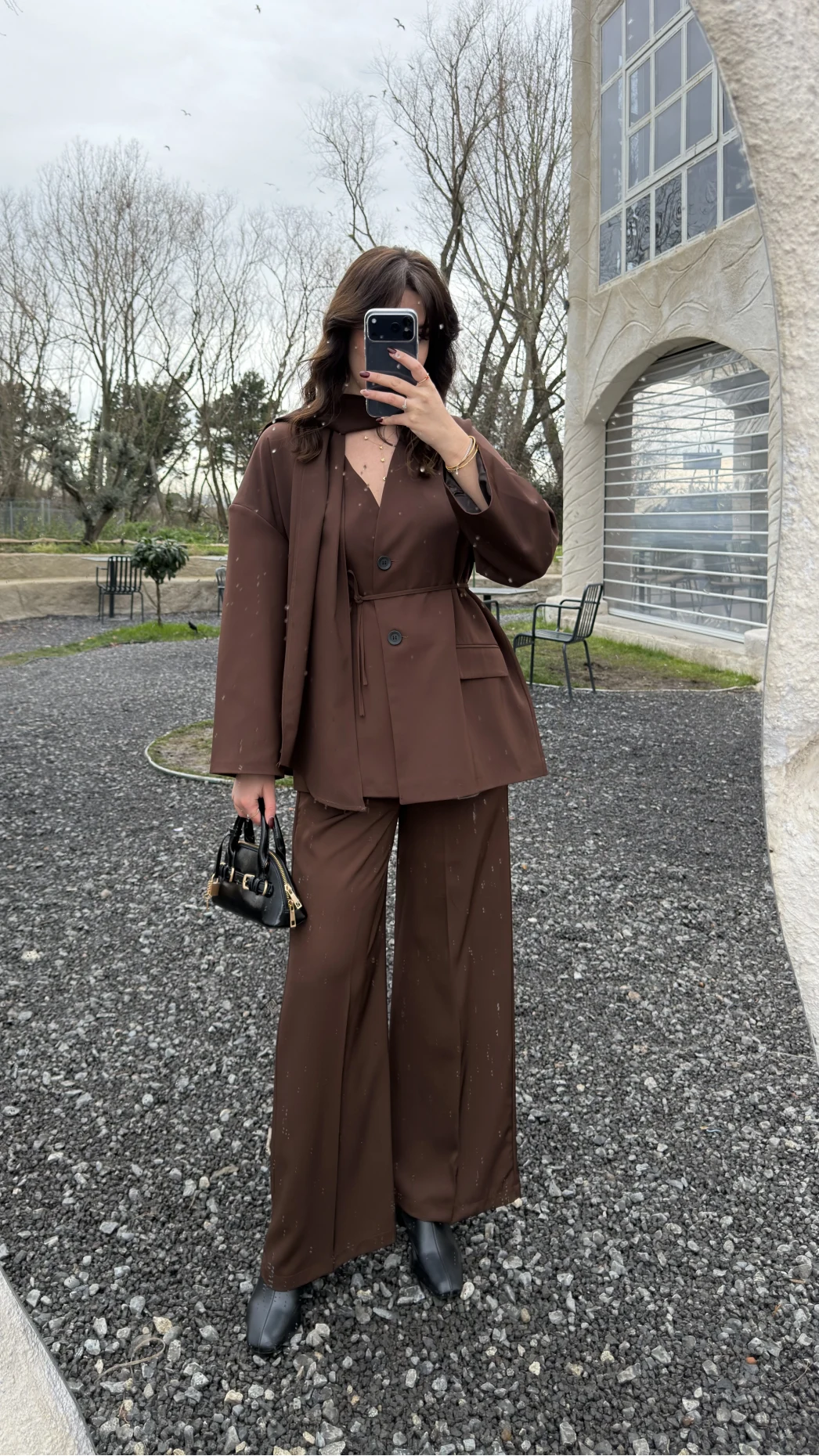 Yuna Fular Detay Bağcıklı Ceket Takım - Acı Kahve - Kod: 6003