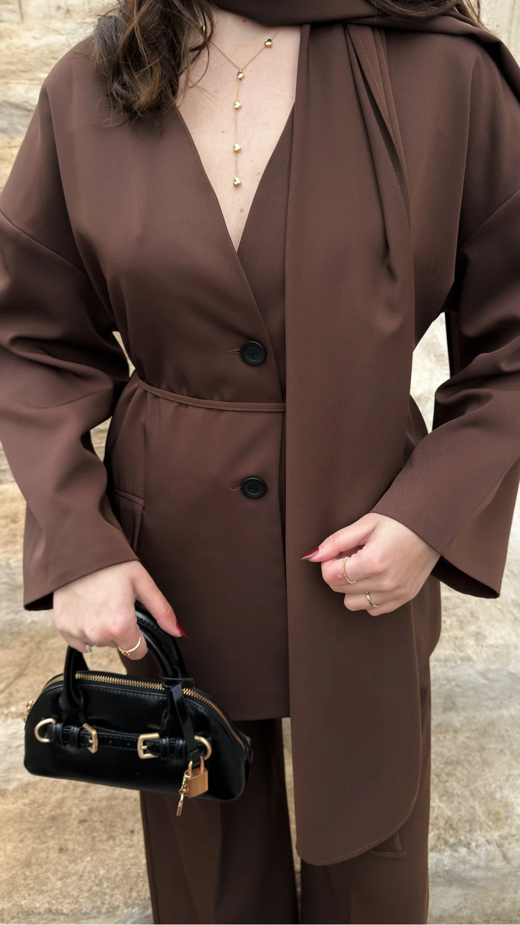 Yuna Fular Detay Bağcıklı Ceket Takım - Acı Kahve - Kod: 6003