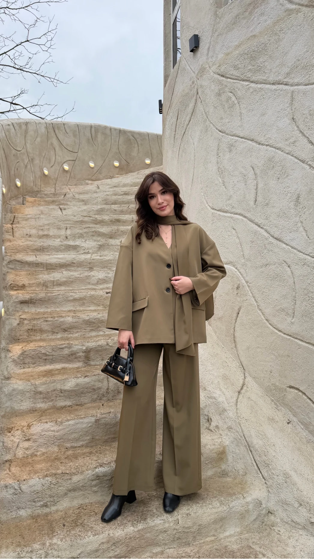 Yuna Fular Detay Bağcıklı Ceket Takım - Haki - Kod: 6003