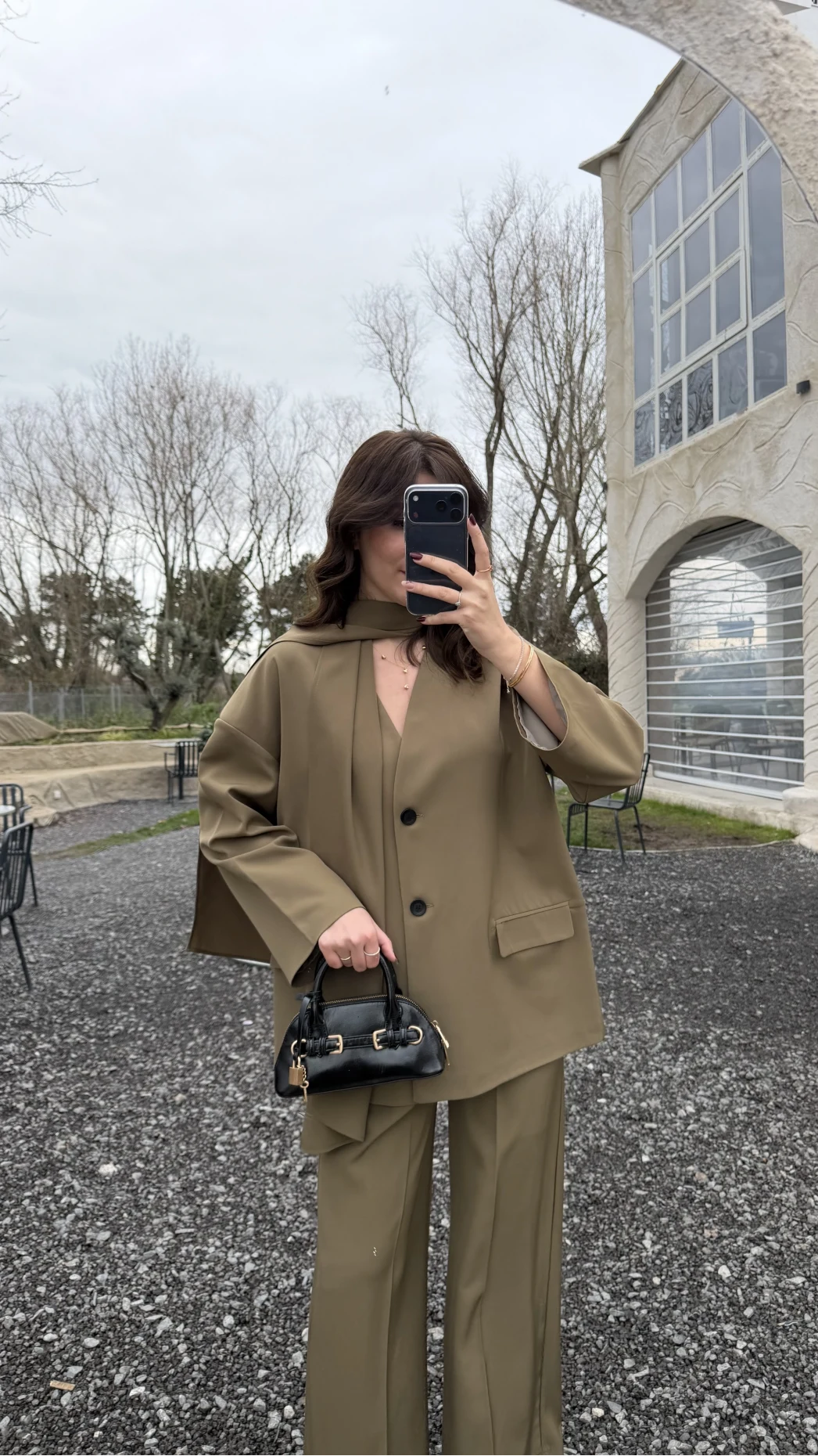 Yuna Fular Detay Bağcıklı Ceket Takım - Haki - Kod: 6003