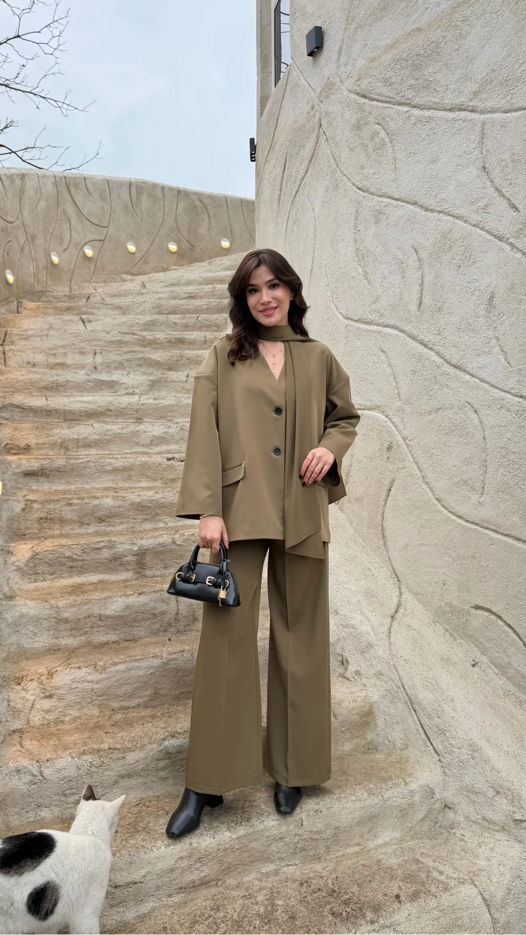 Yuna Fular Detay Bağcıklı Ceket Takım - Haki - Kod: 6003