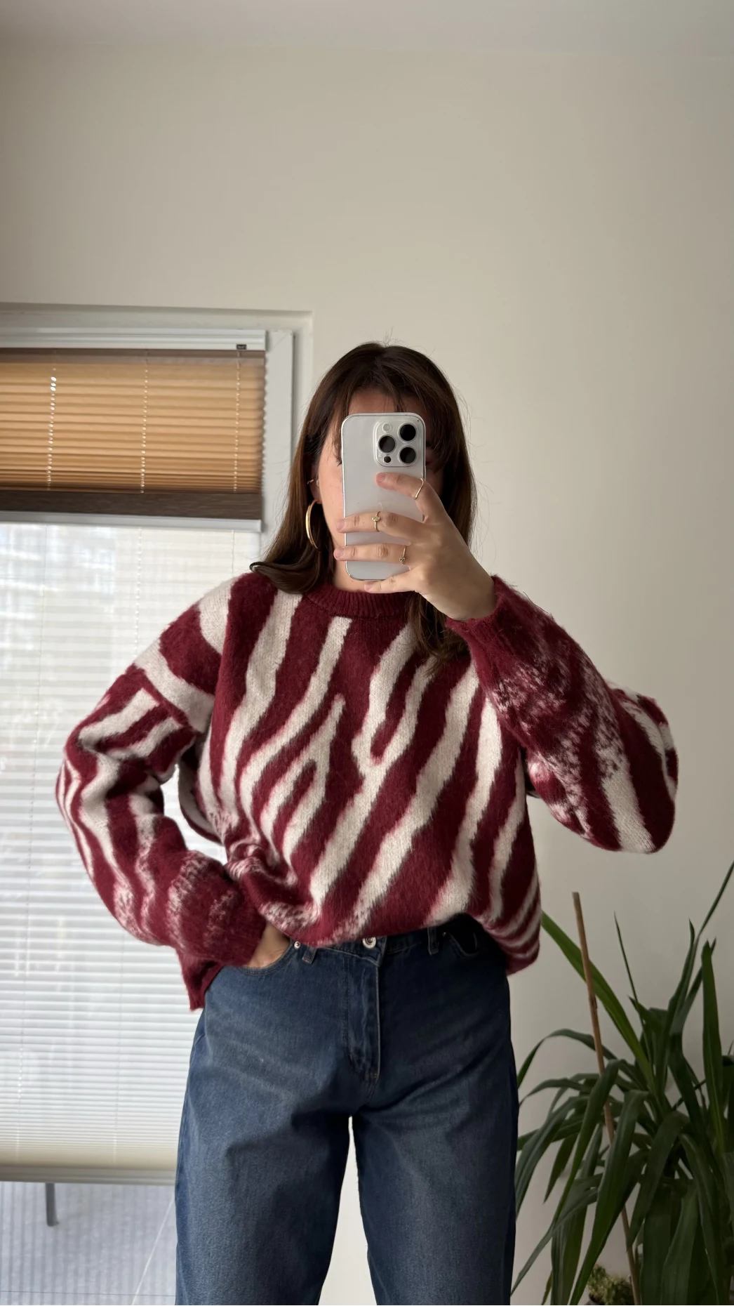 Zebra Desen Kalın Triko Kazak Bordo