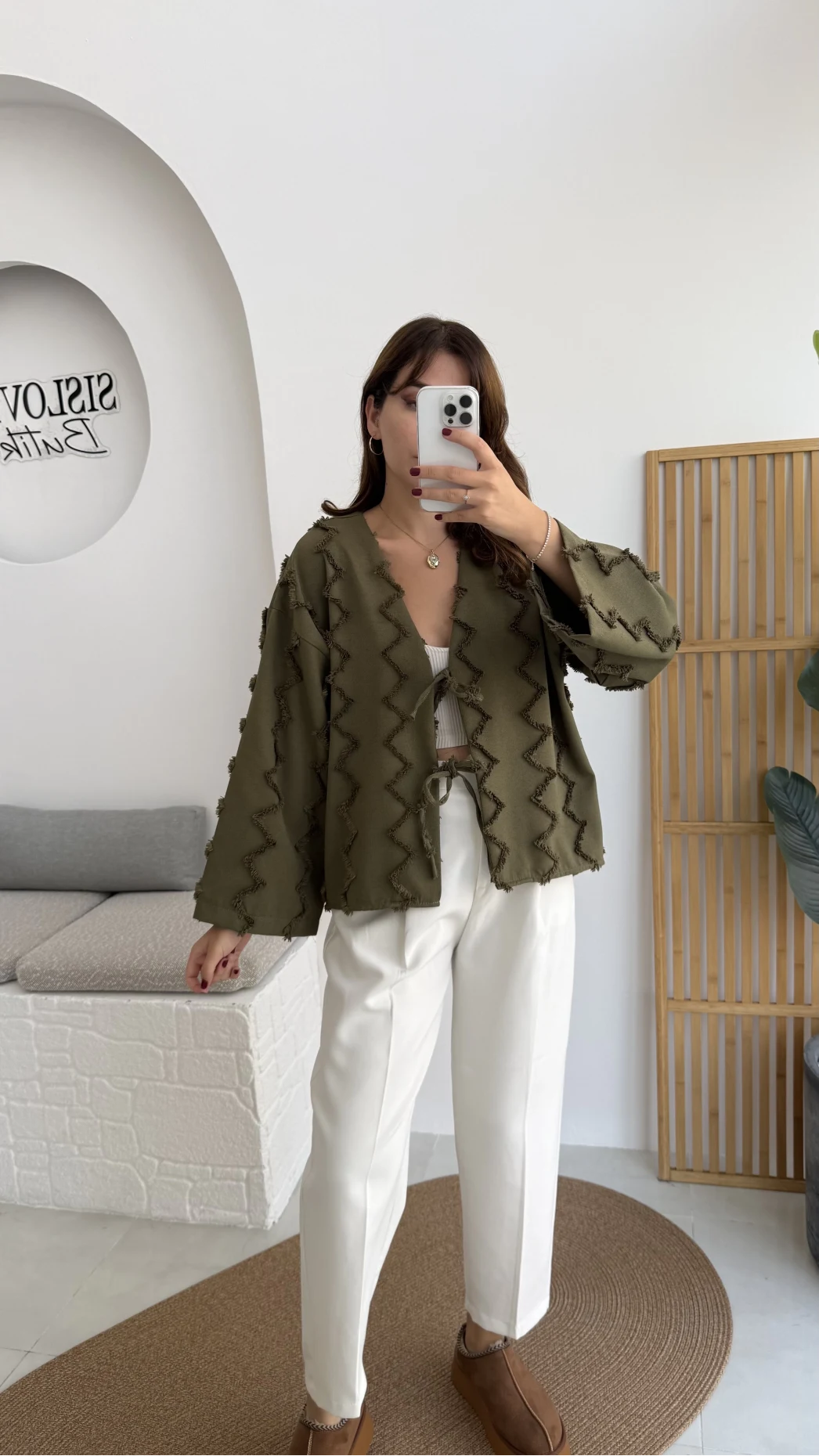 Zikzak Püsküllü Kimono - Haki - Kod: 7030