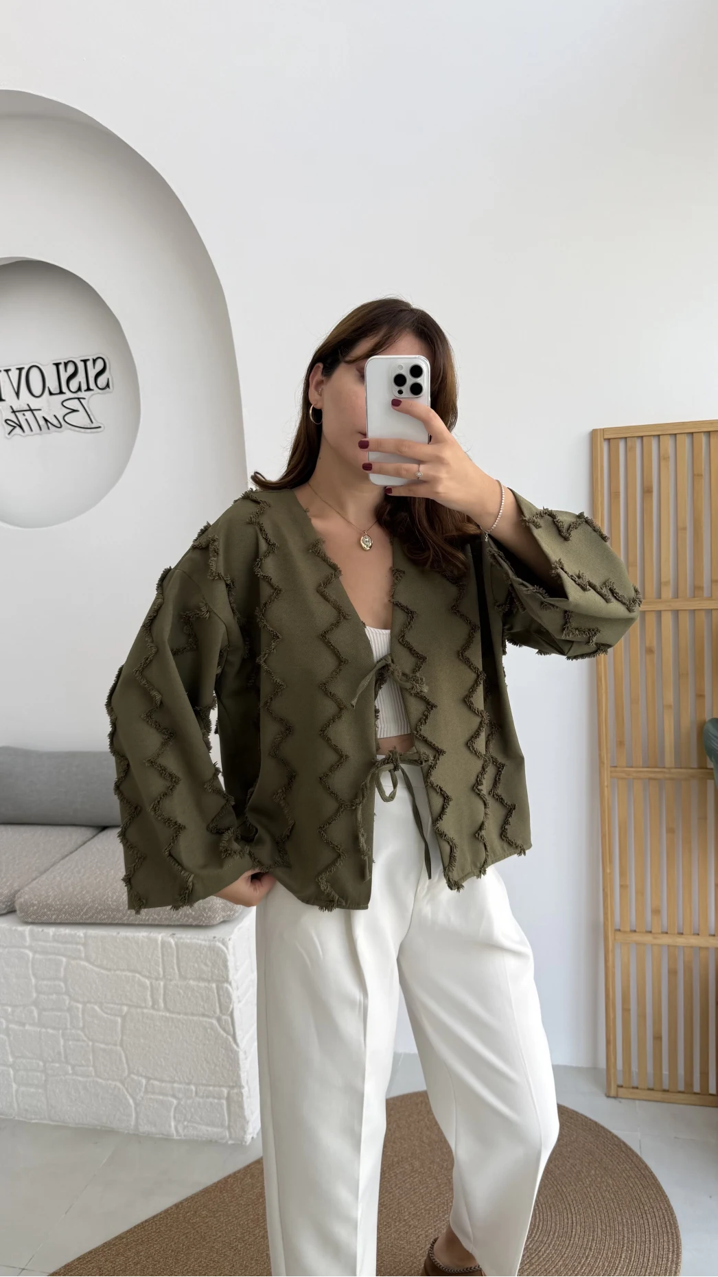 Zikzak Püsküllü Kimono - Haki - Kod: 7030