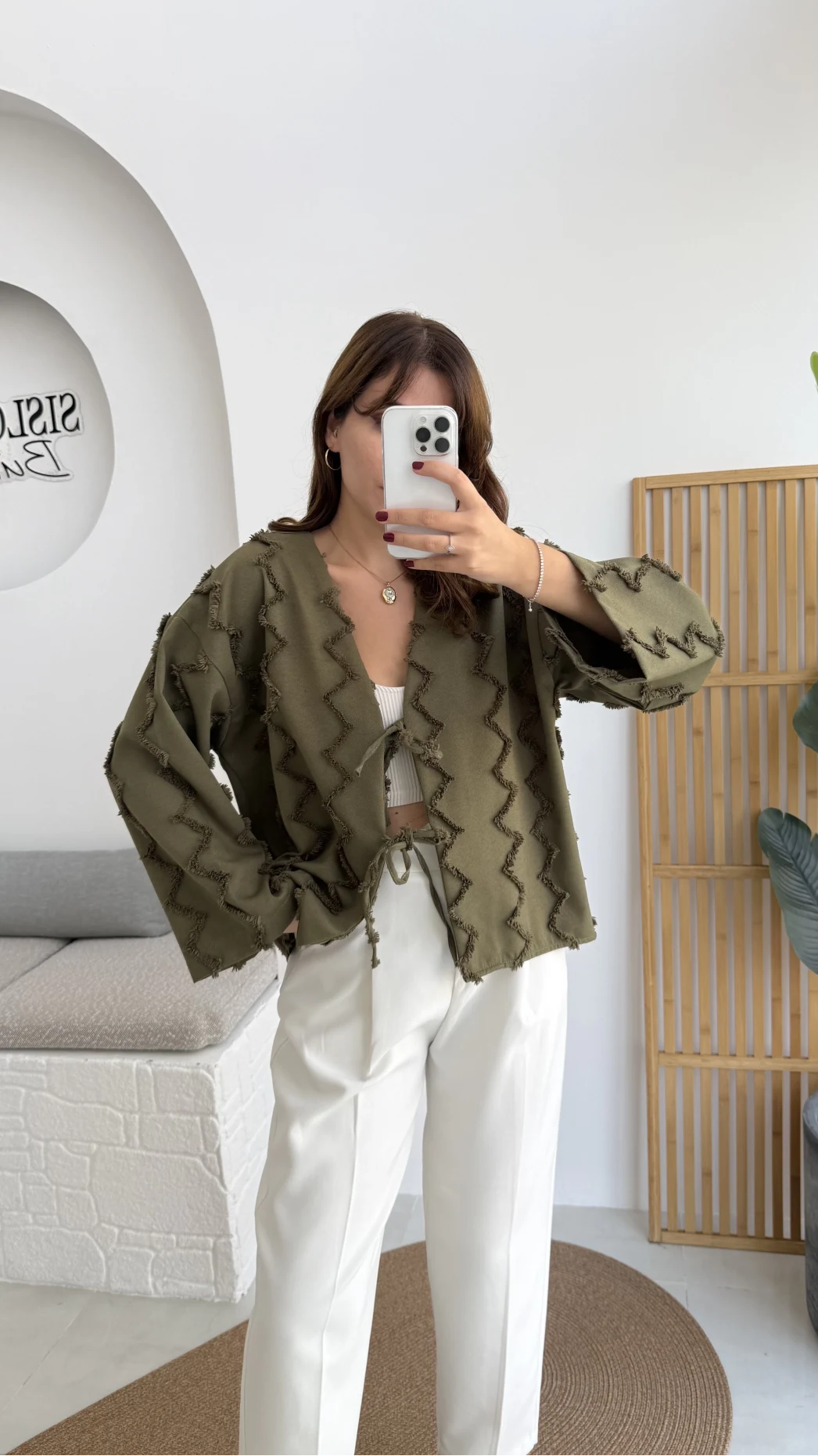 Zikzak Püsküllü Kimono - Haki - Kod: 7030