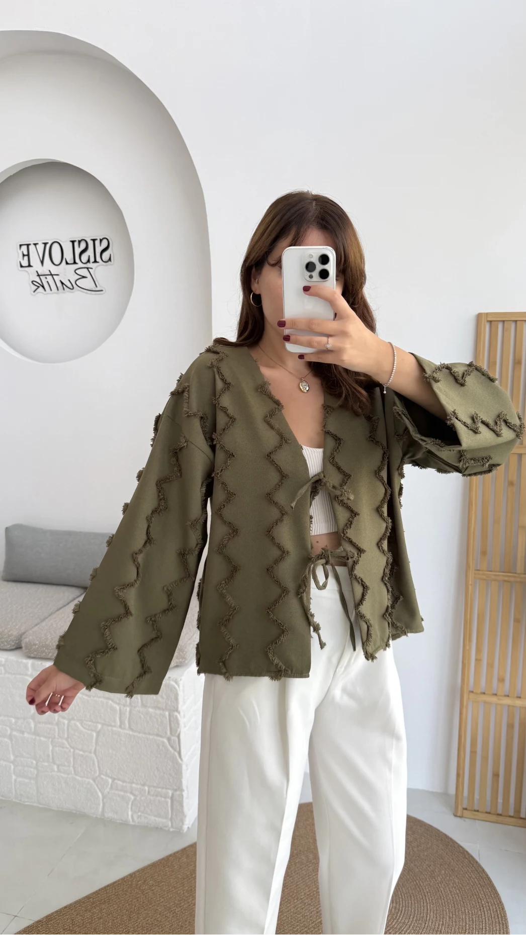 Zikzak Püsküllü Kimono - Haki - Kod: 7030