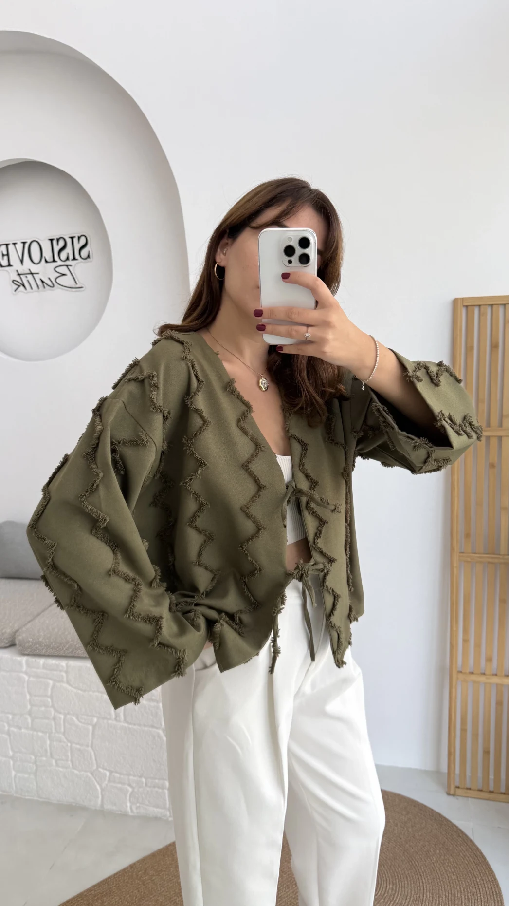 Zikzak Püsküllü Kimono - Haki - Kod: 7030