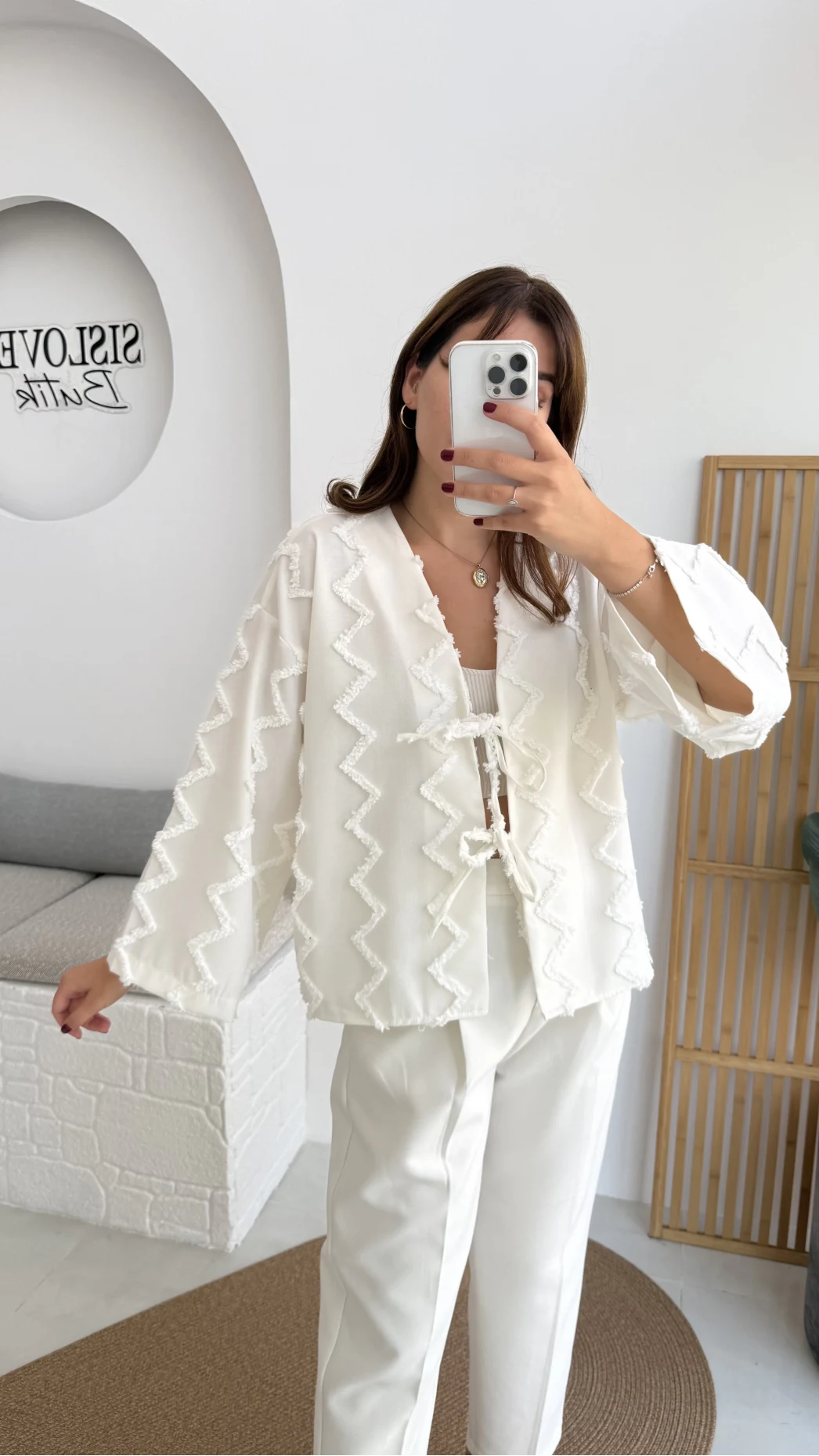 Zikzak Püsküllü Kimono - Kırık Beyaz - Kod: 7030