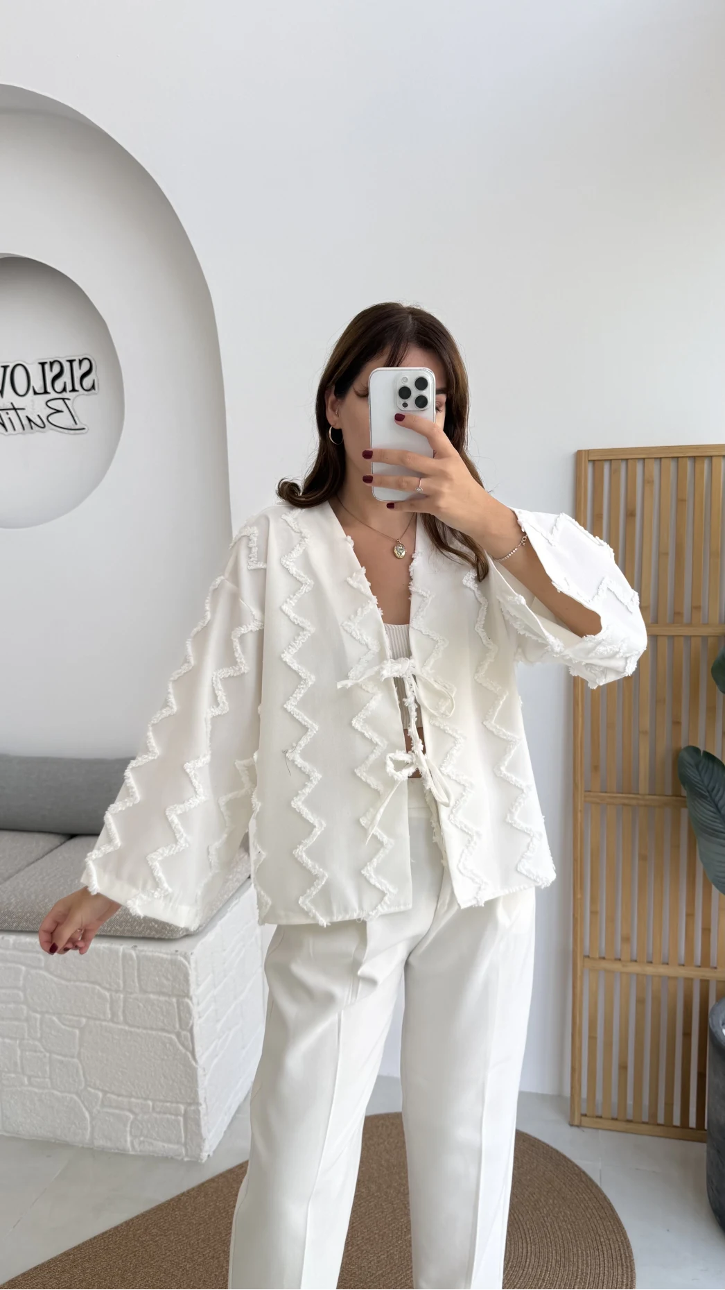 Zikzak Püsküllü Kimono - Kırık Beyaz - Kod: 7030