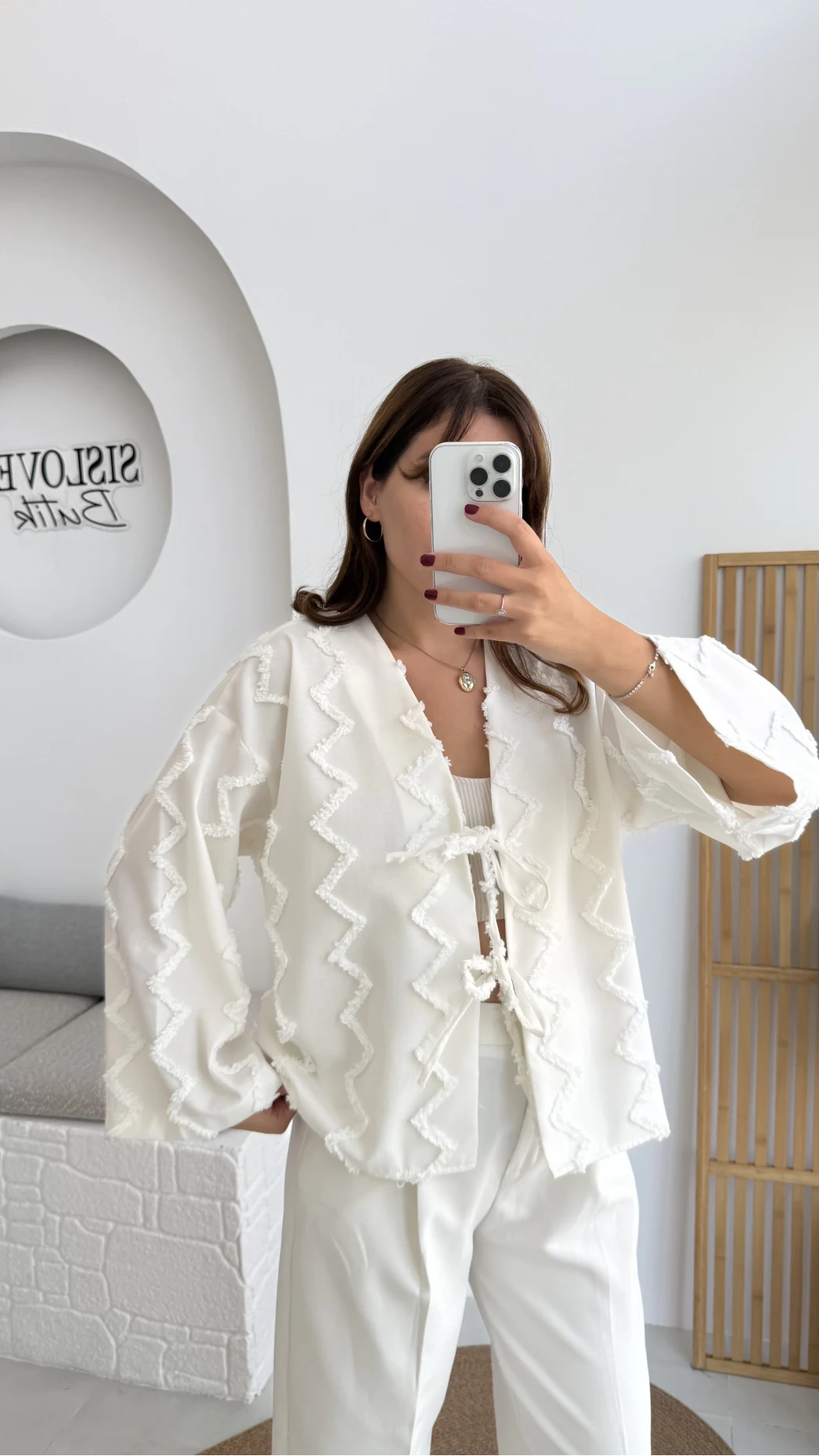 Zikzak Püsküllü Kimono - Kırık Beyaz - Kod: 7030