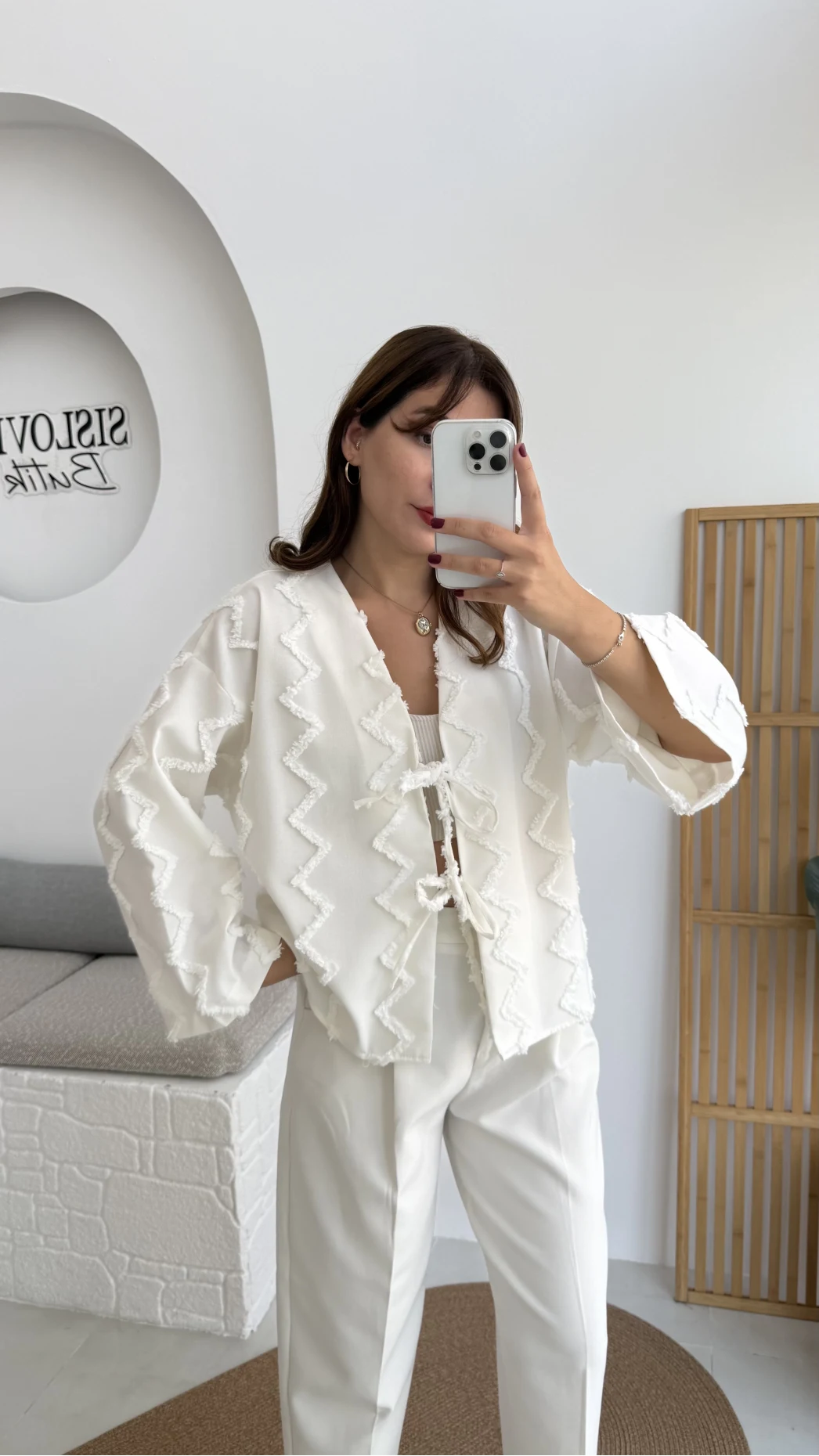 Zikzak Püsküllü Kimono - Kırık Beyaz - Kod: 7030