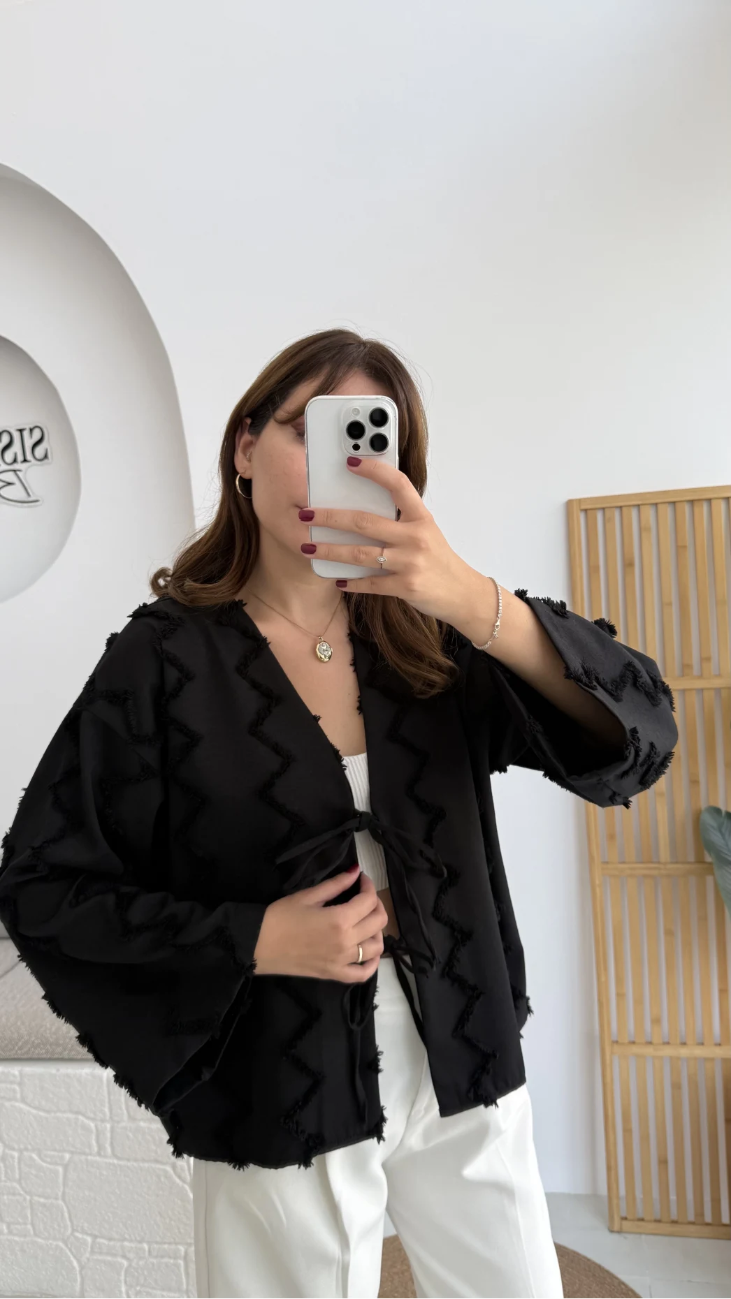 Zikzak Püsküllü Kimono - Siyah - Kod: 7030