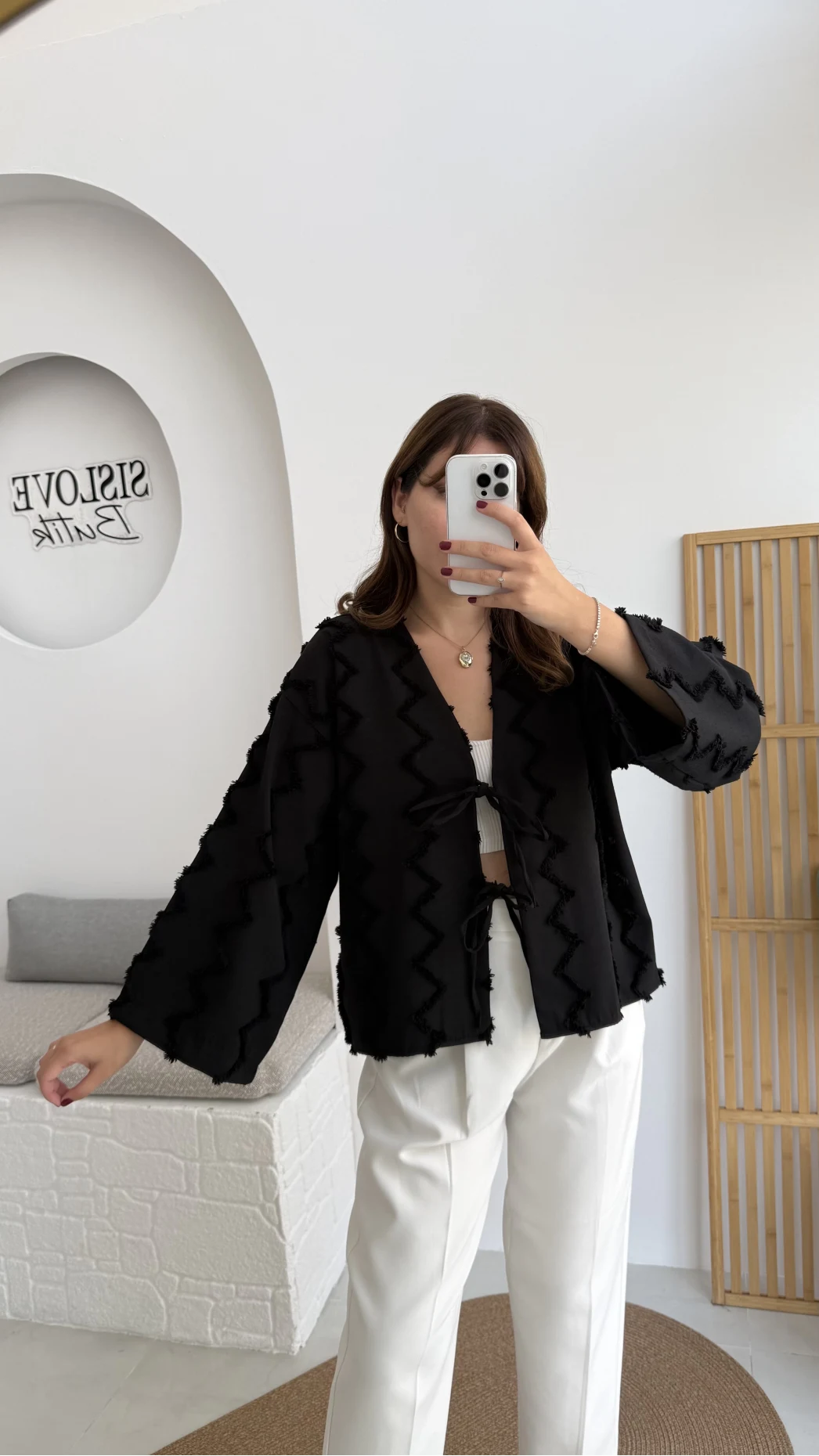 Zikzak Püsküllü Kimono - Siyah - Kod: 7030