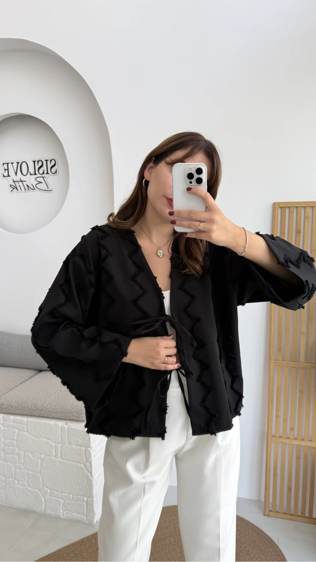 Zikzak Püsküllü Kimono - Siyah - Kod: 7030