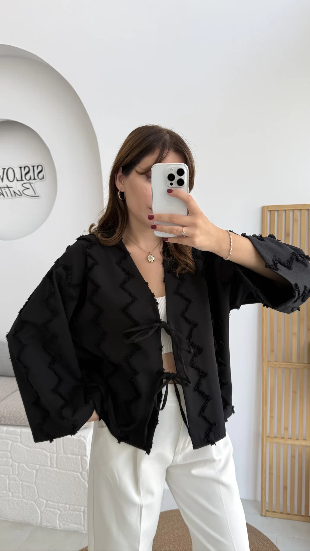 Zikzak Püsküllü Kimono - Siyah - Kod: 7030
