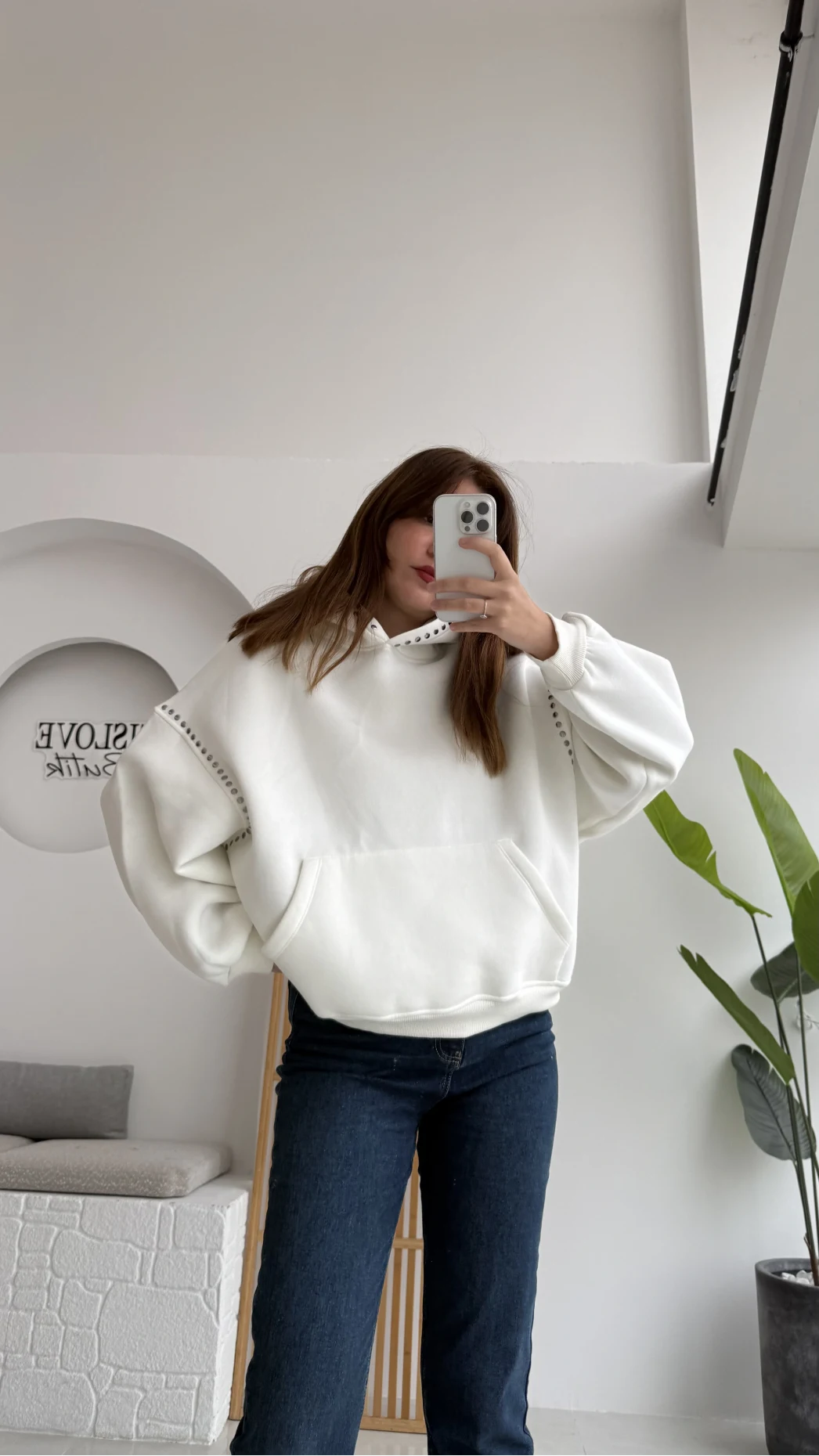 Zımba Detaylı Kapüşonlu Sweatshirt - Beyaz